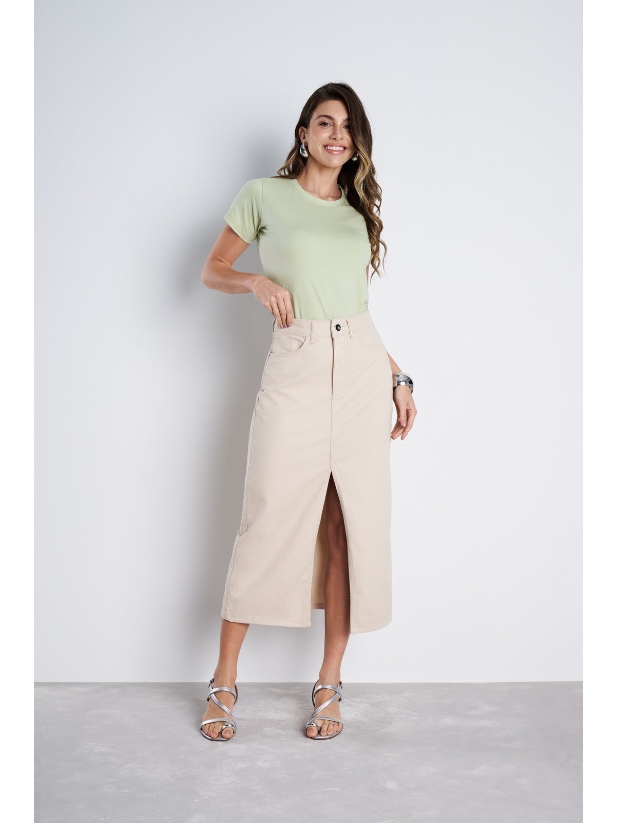 Vista 3 Saia Midi Jeans Feminina Cintura Alta NEW DENIM bege NEW DENIM bege