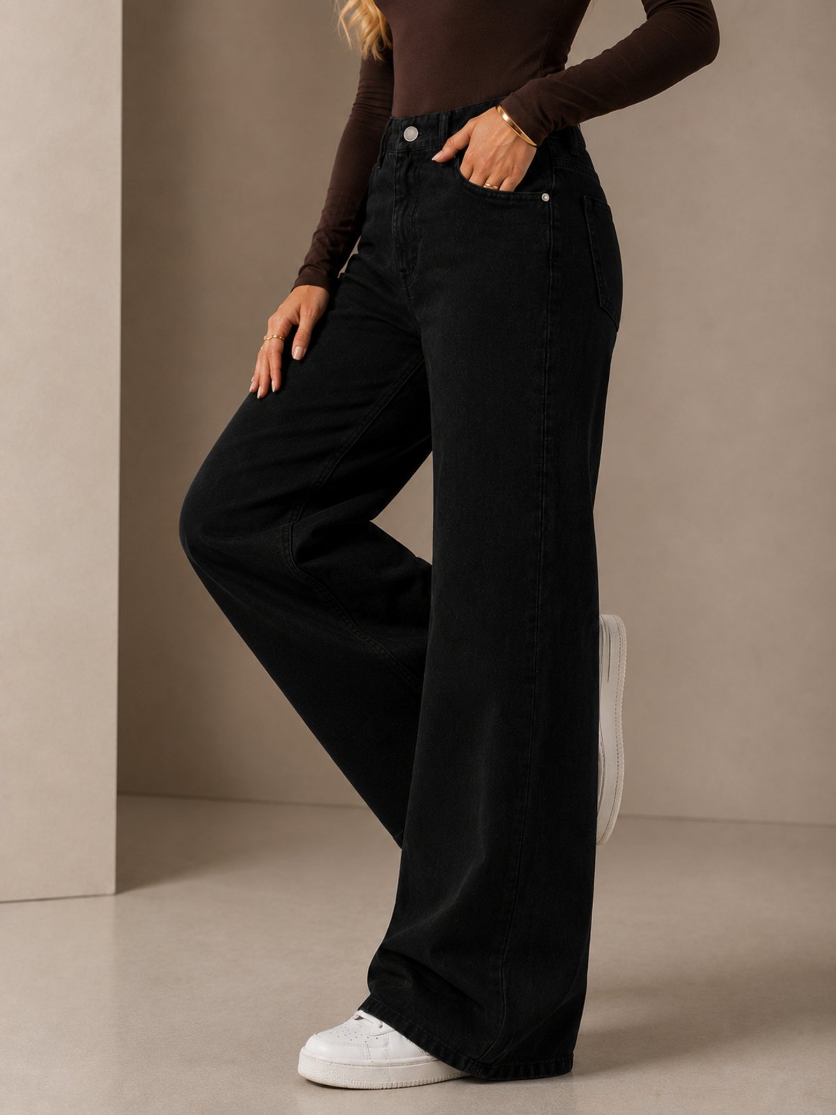 Calça Jeans Wide Leg Feminina Ethereal Preta Cintura Alta Confortável Premium