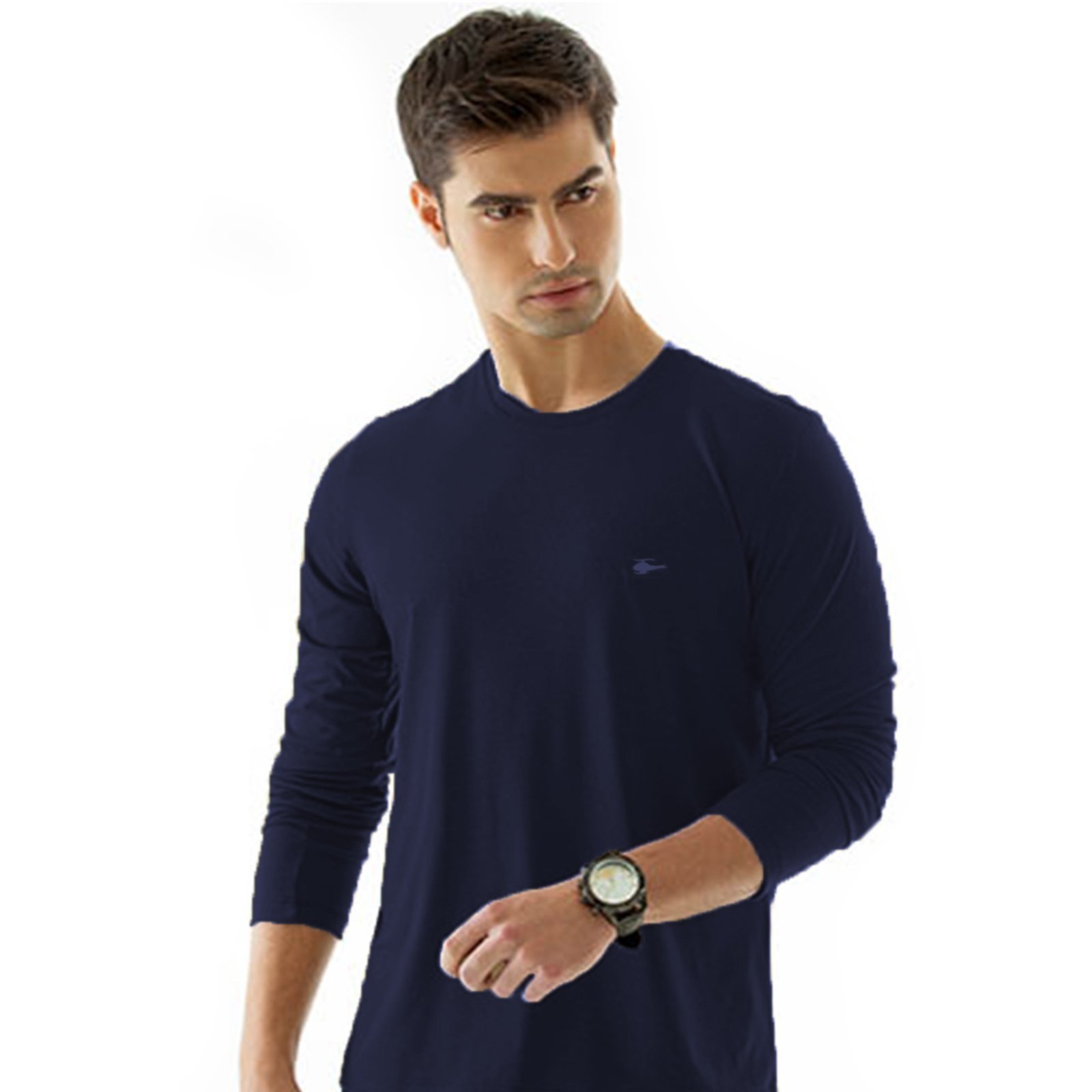 Camiseta Manga Longa Masculina Sallo Gola O Básica Premium Marinho Noturno