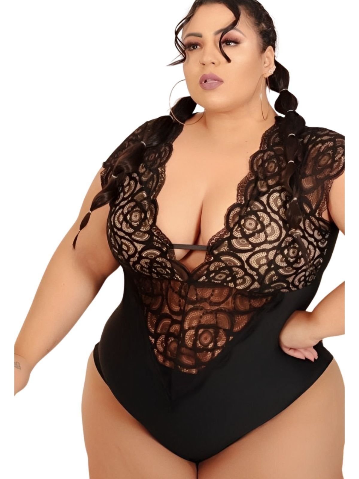 Body Summer Body Decotado Plus Size Roupa Tamanhos Grandes Sexy Feminina Preto com nude