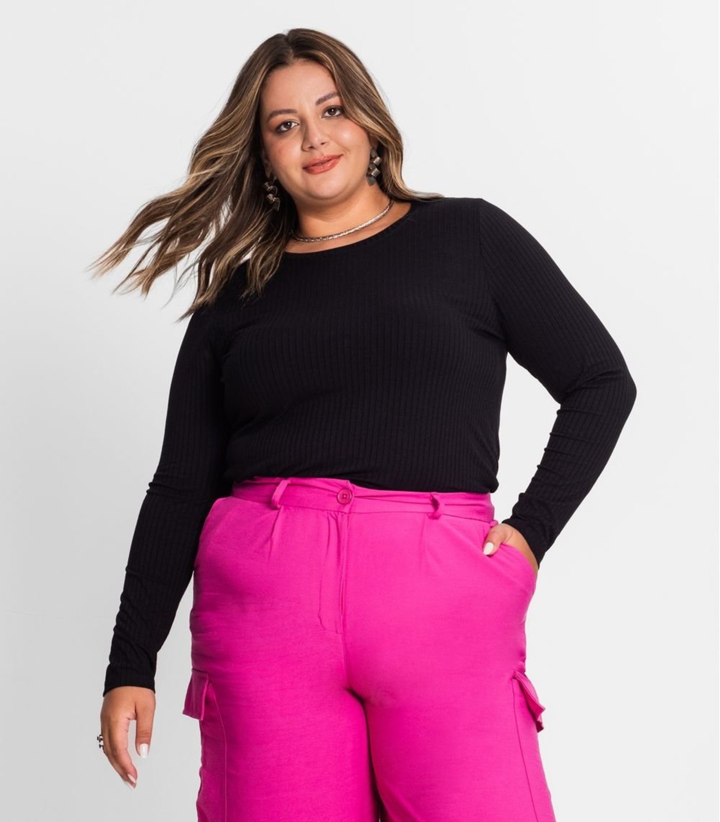 Blusa Manga Longa Ribana Canelada Secret Glam Preto