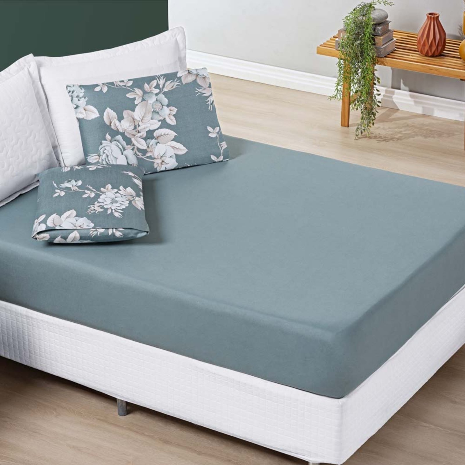 Jogo Cama Lençol Casa Scarpa Celi Queen Micropercal 200 Fios 3 Peças - Verde Floral
