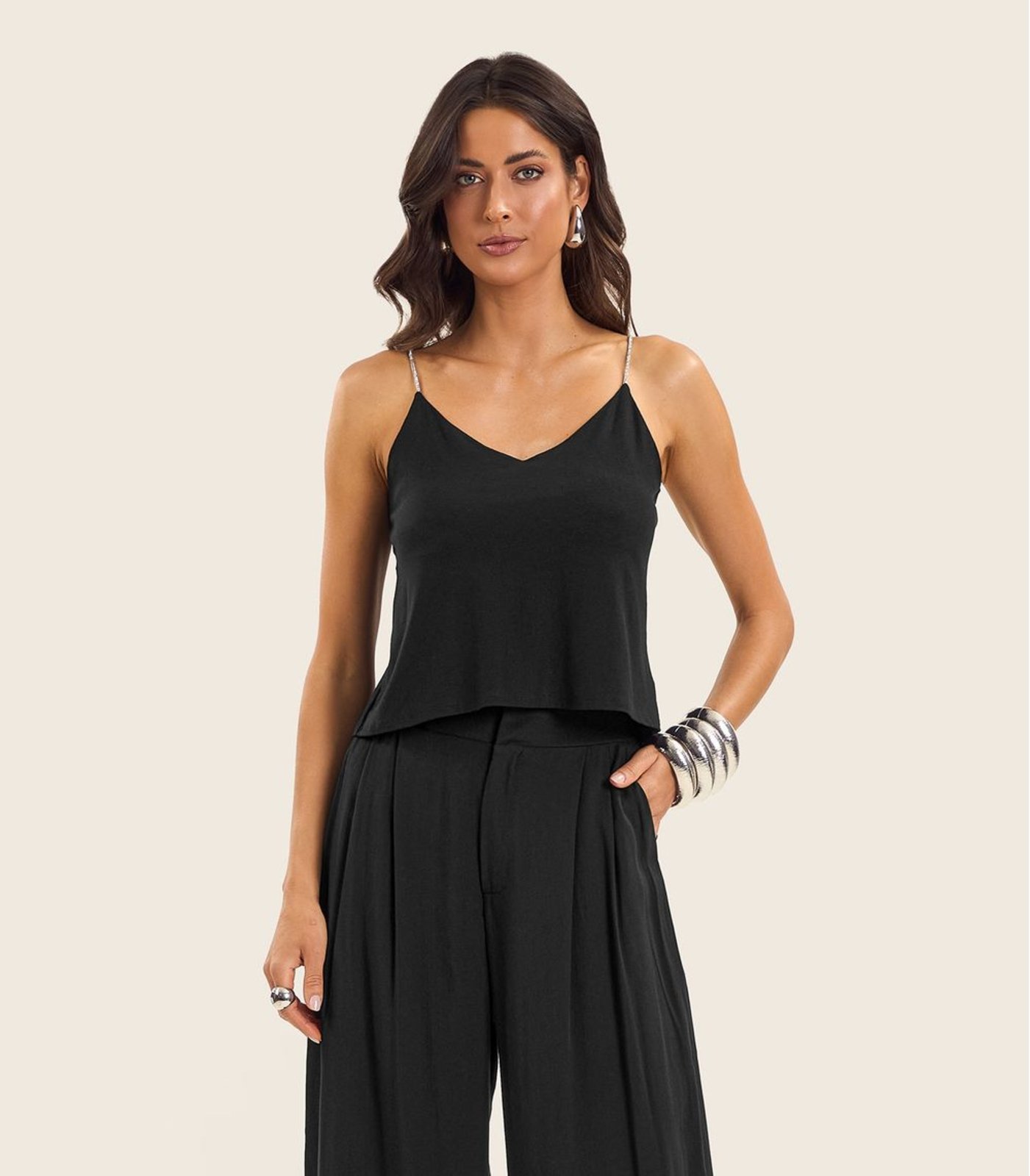 Blusa de Alça Feminina Viscose Creponada Endless Preto