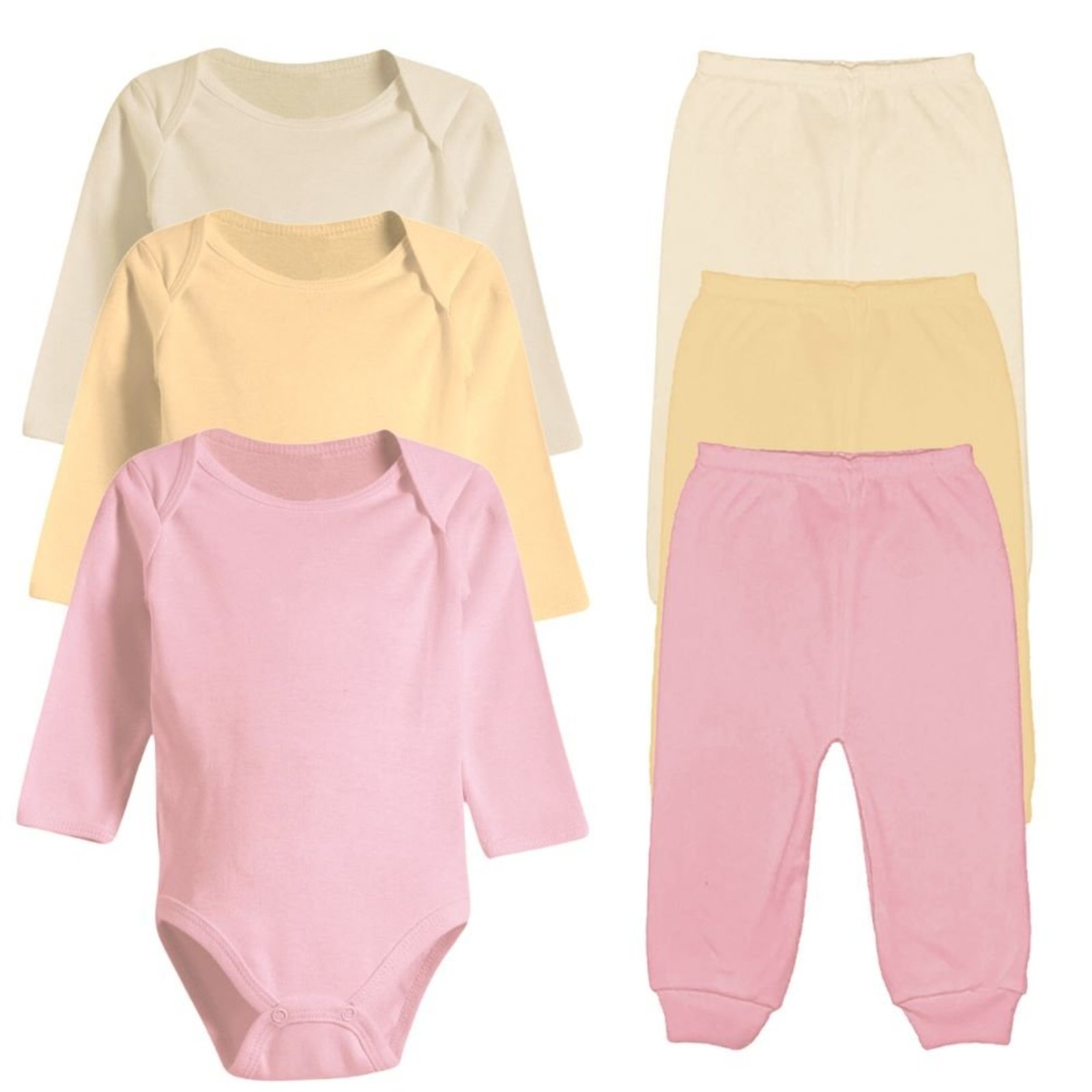 Infantil - Kit Roupas de 6 Peças Body Manga Longa e Mijão Algodão Rosa