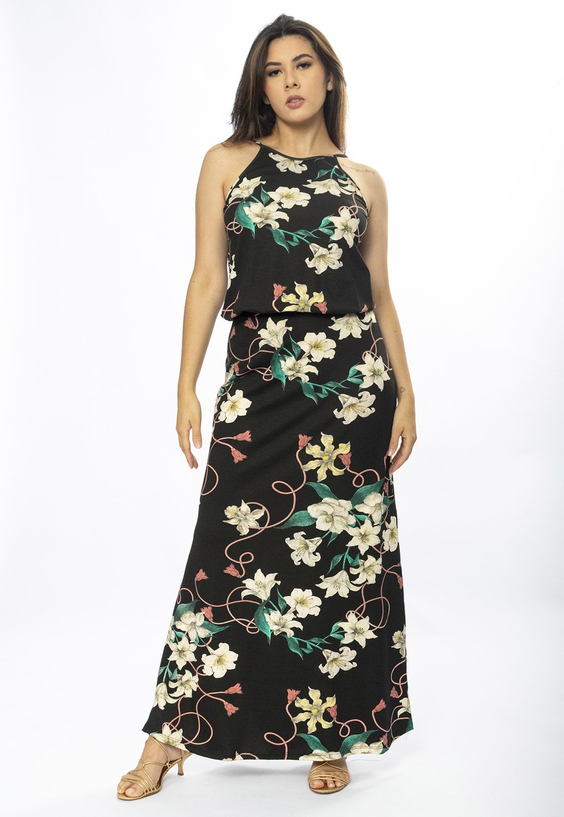 Vestido Longo Cabanafree Malha Trapézio com Elástico na Cintura Flores Ébano