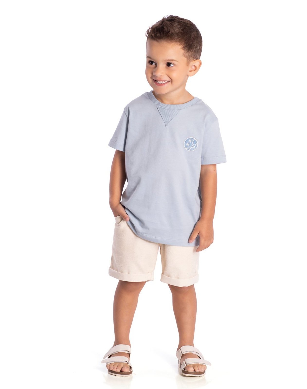 Infantil - Conj. camiseta manga curta azul claro + bermuda sarja ecológica bege