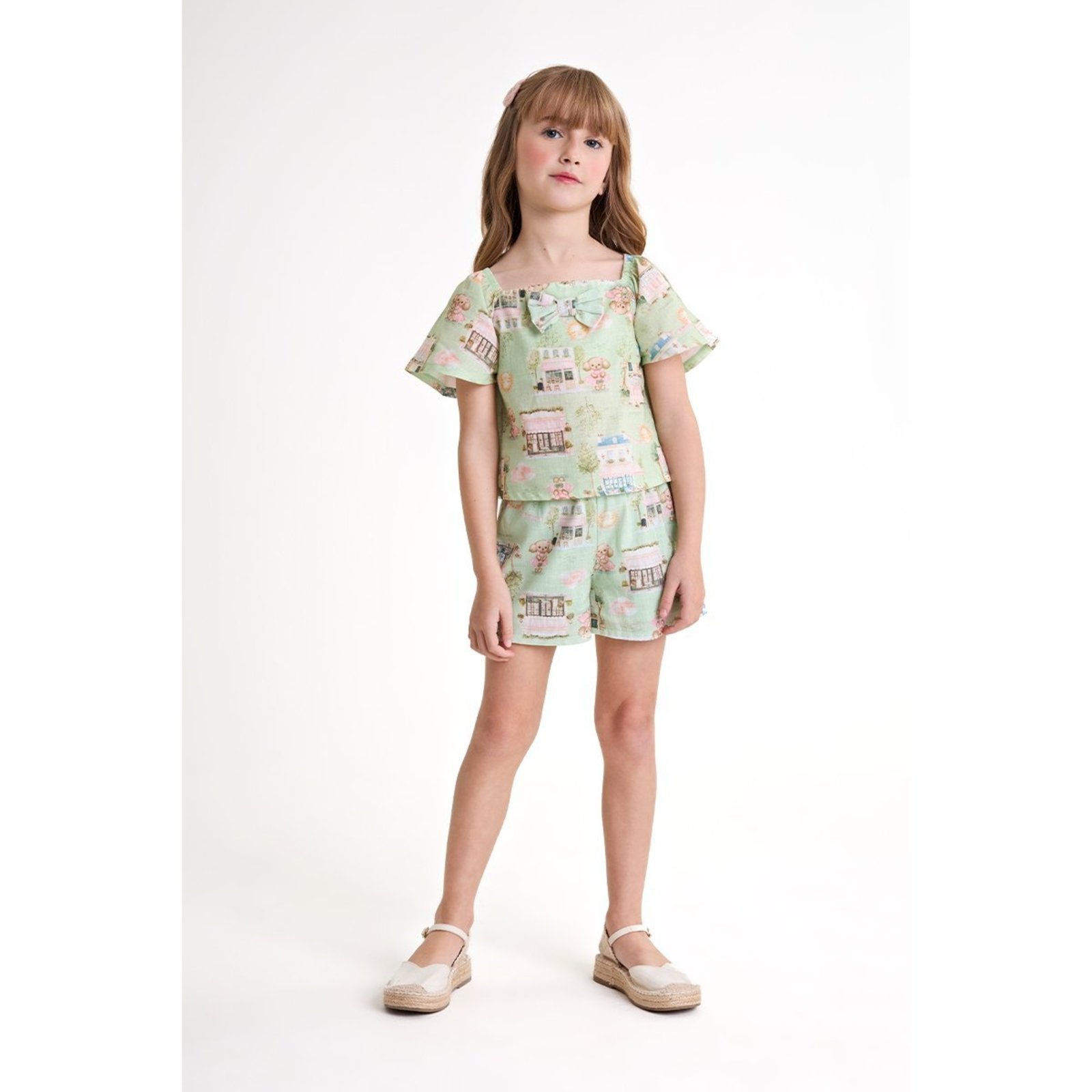 Infantil - Conjunto Feminino Batinha e Short Clochard em Linho