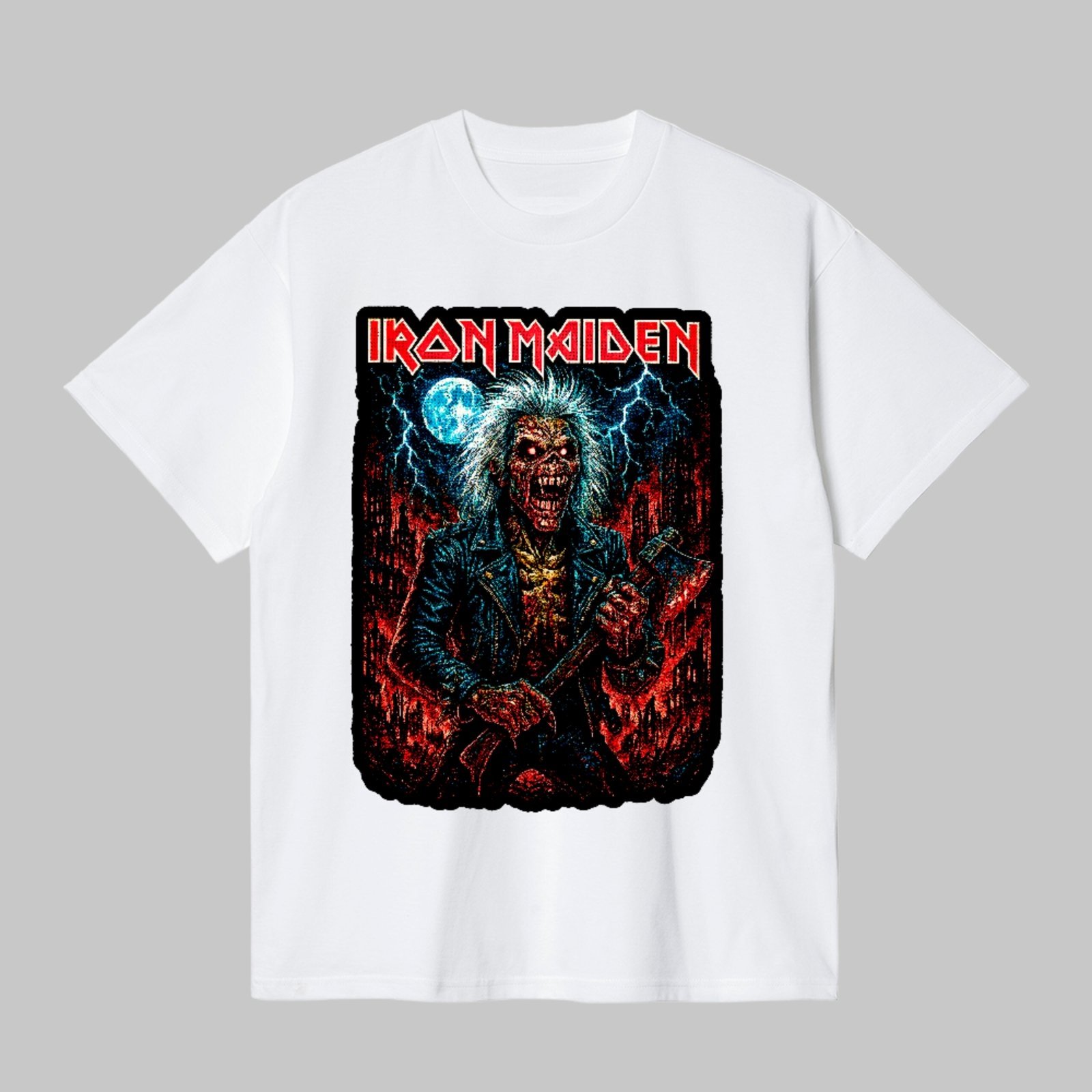 Camiseta Básica Rock Clássico Sombrio Iron Maiden Heavy Metal Unissex Branco