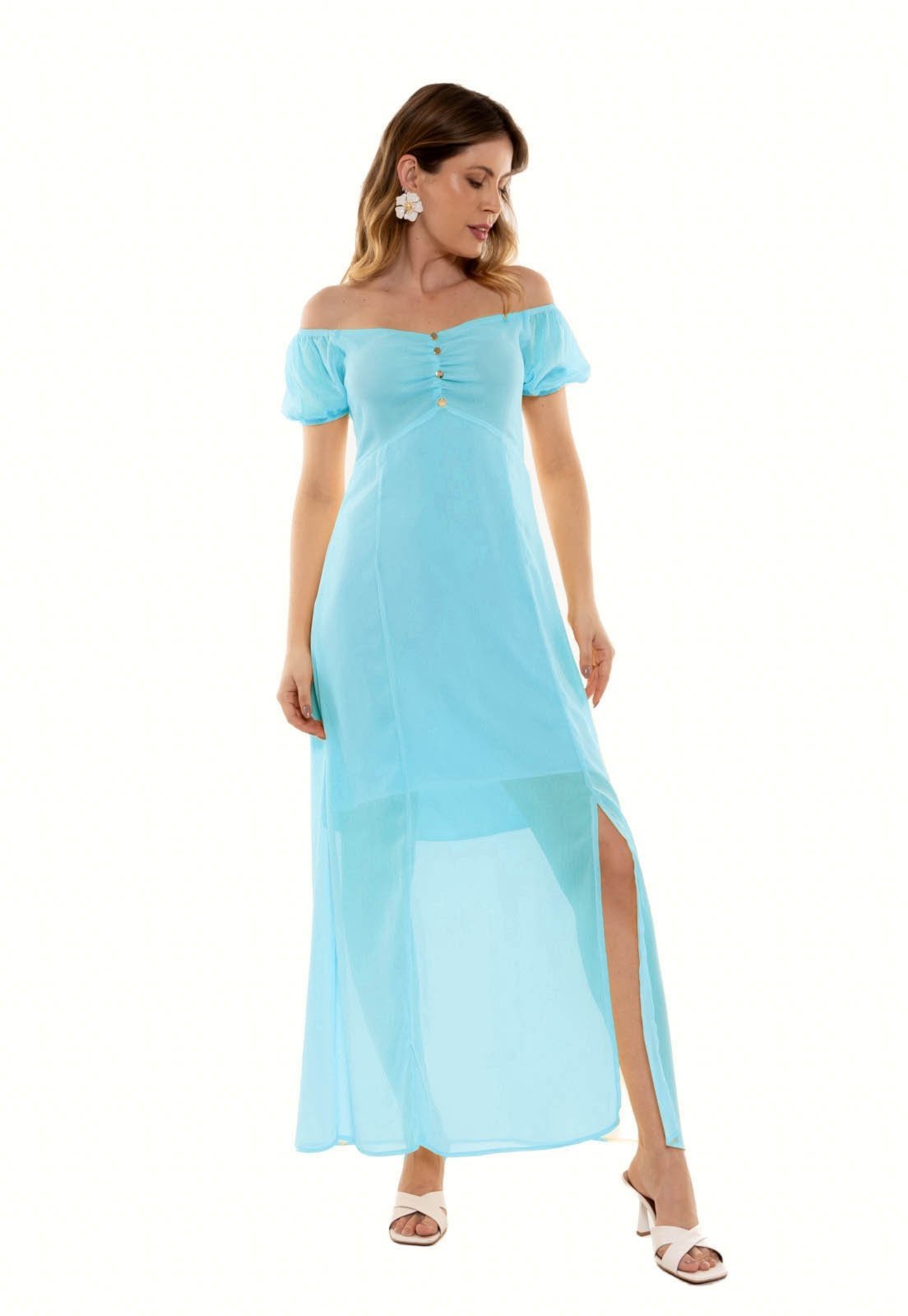 Vestido Bisô Chifon Longo Fendas Azul – Azul