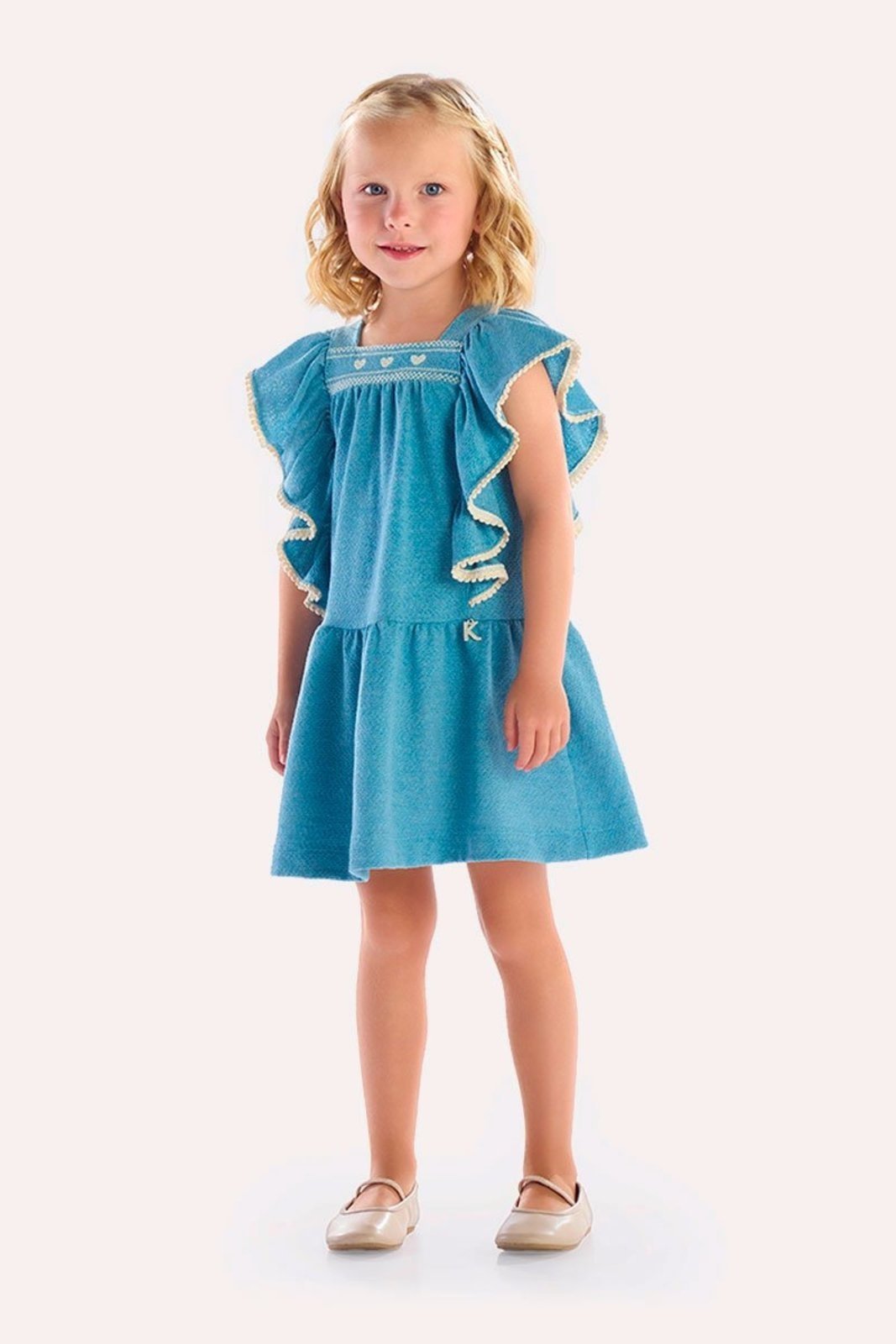 Infantil - Vestido Azul em Malha Texturizada com Pala Bordada