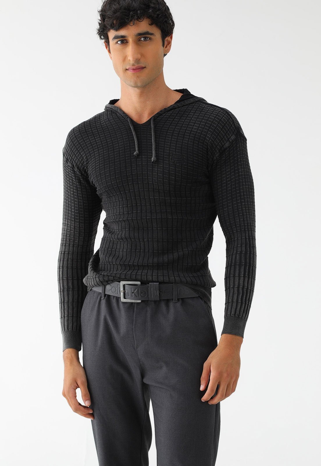 Blusa Tricô Algodão Tricoport Capuz Todo Relevo Grafite Estonado