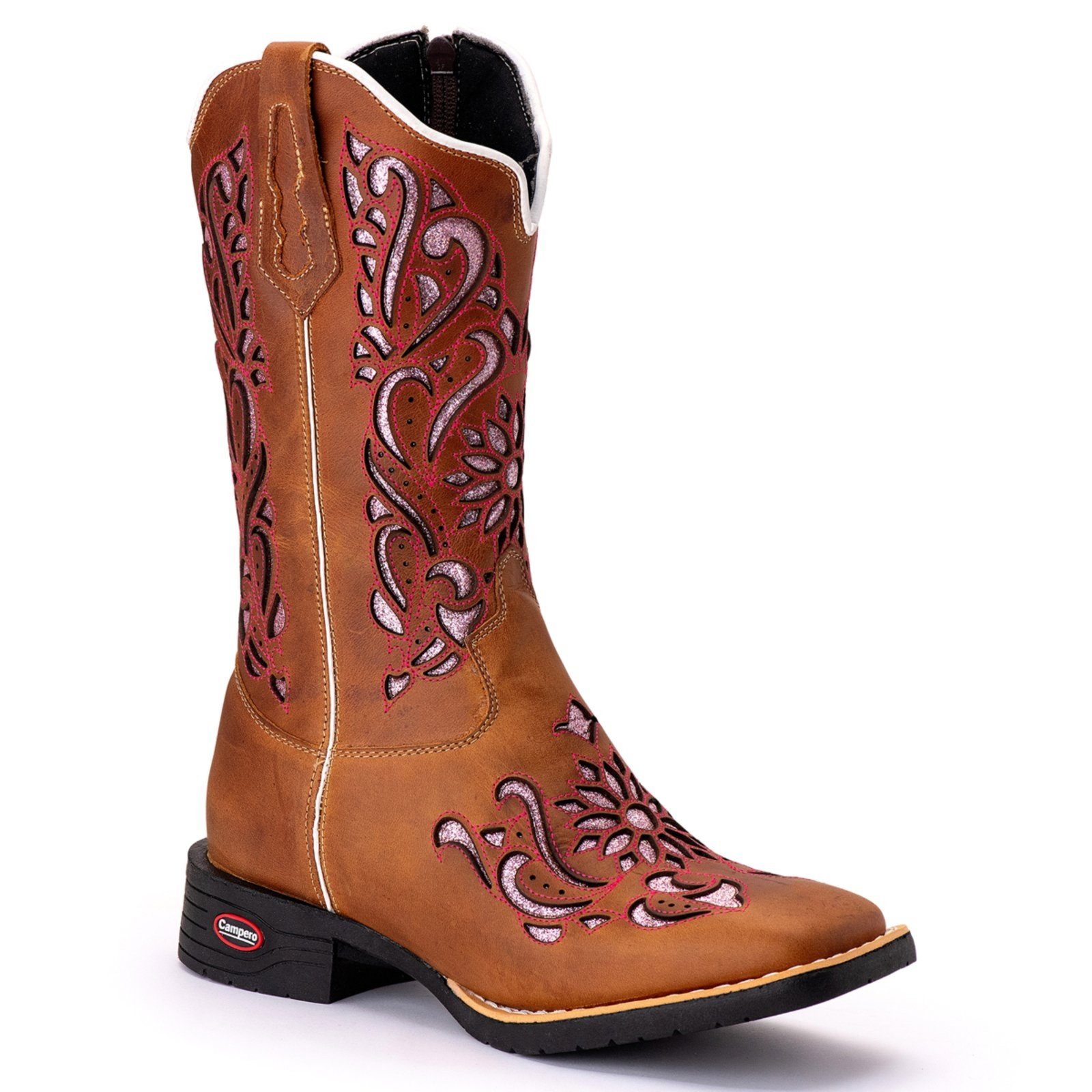 Bota Couro Campero Texana Bordada Cano Longo Mostarda