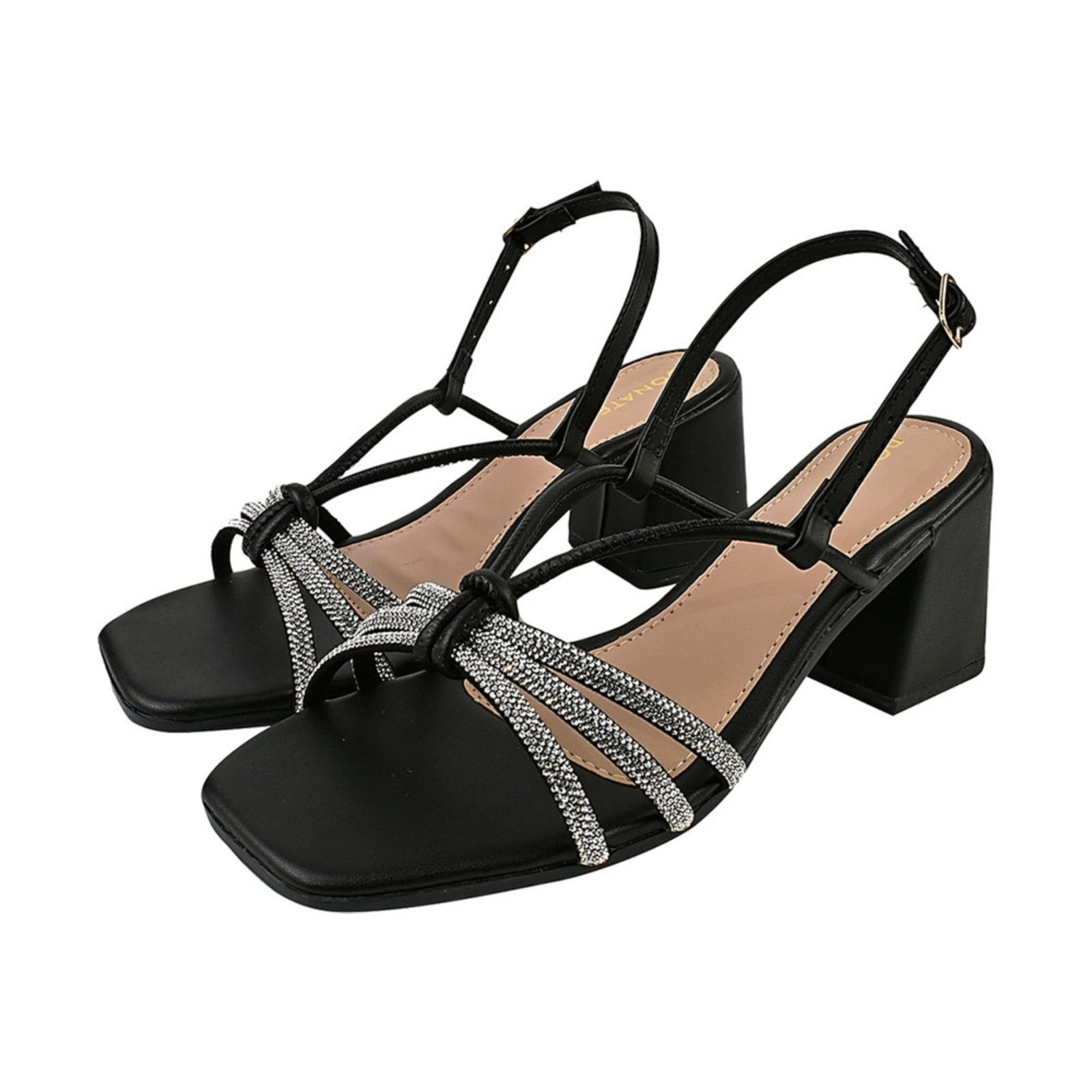 Sandália Feminina CM Calçados Bico Quadrado Salto Alto Casual Santorine Preto Brilho Strass