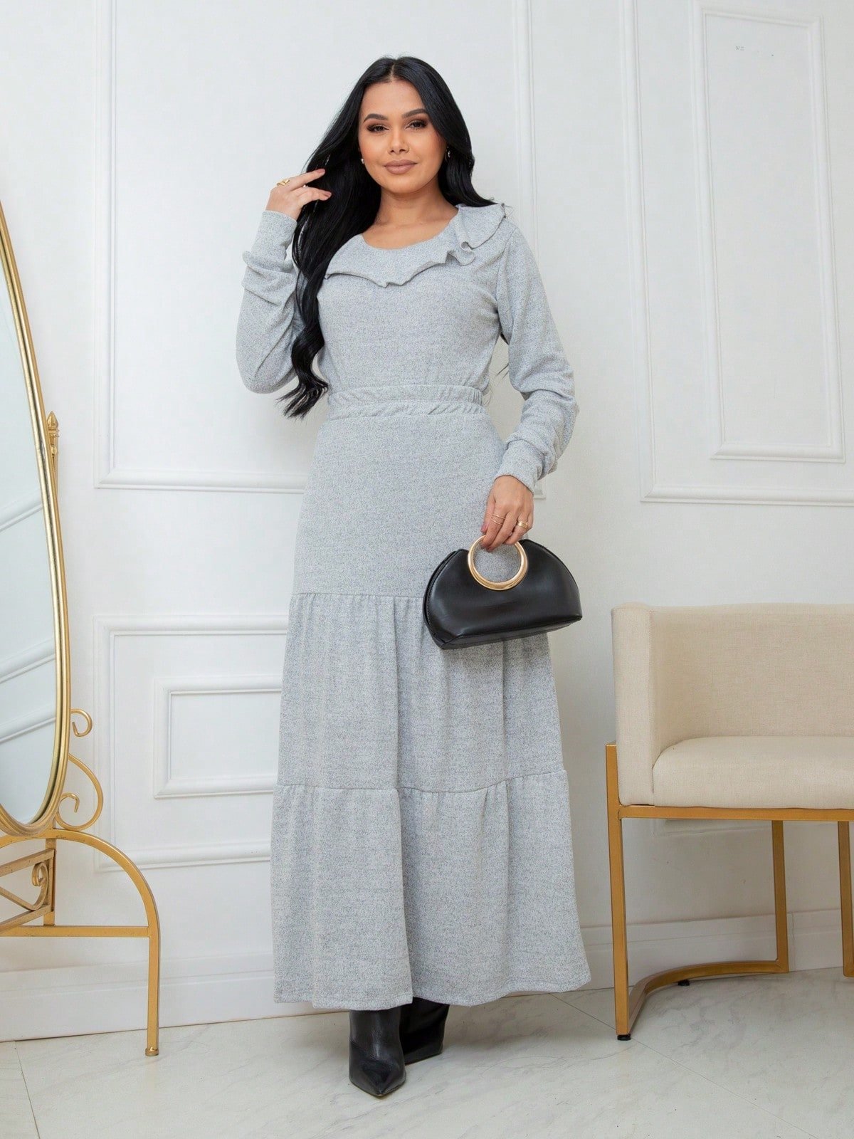 Conjunto Feminino Blusa Com Babados Manga Longa E Saia Longa Cintura Alta Malha REF: Mia