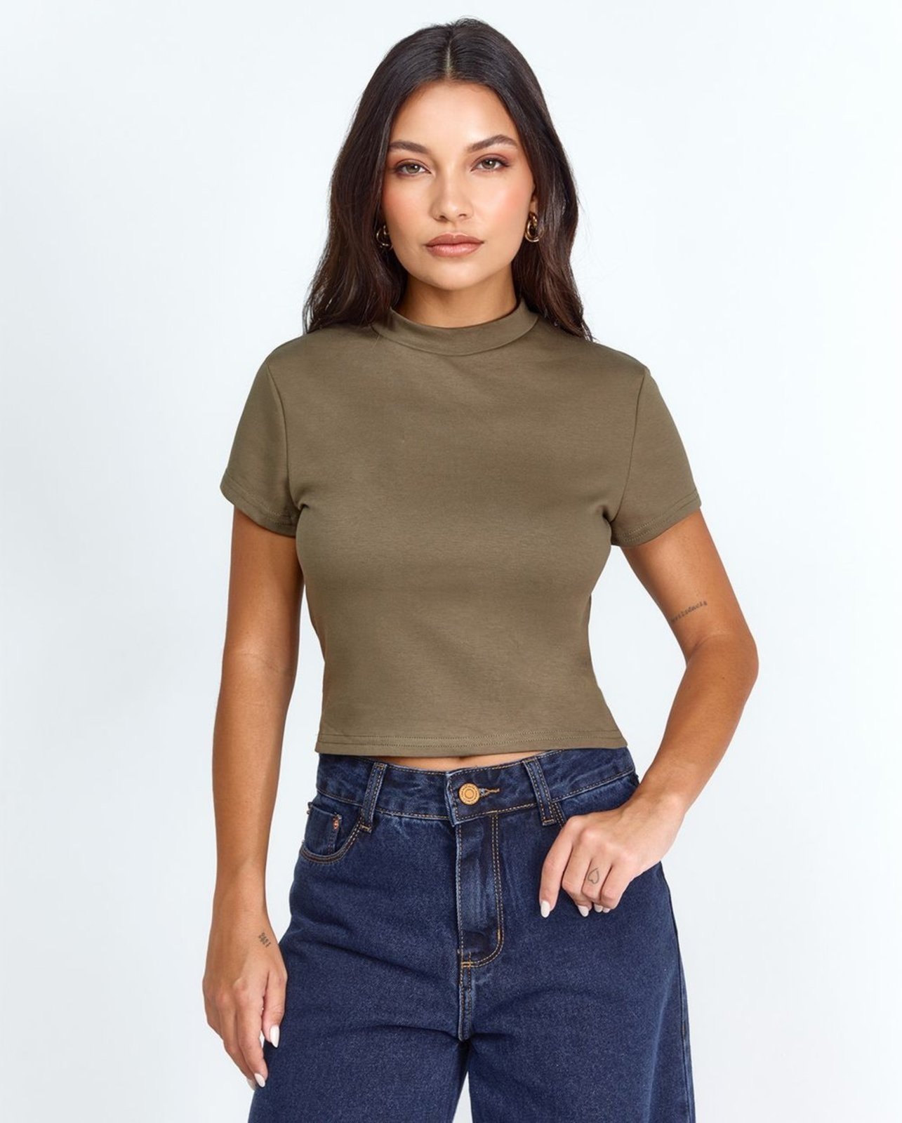 Baby Look Gola Alta Feminina Cropped Premium 90299 Verde Consciência