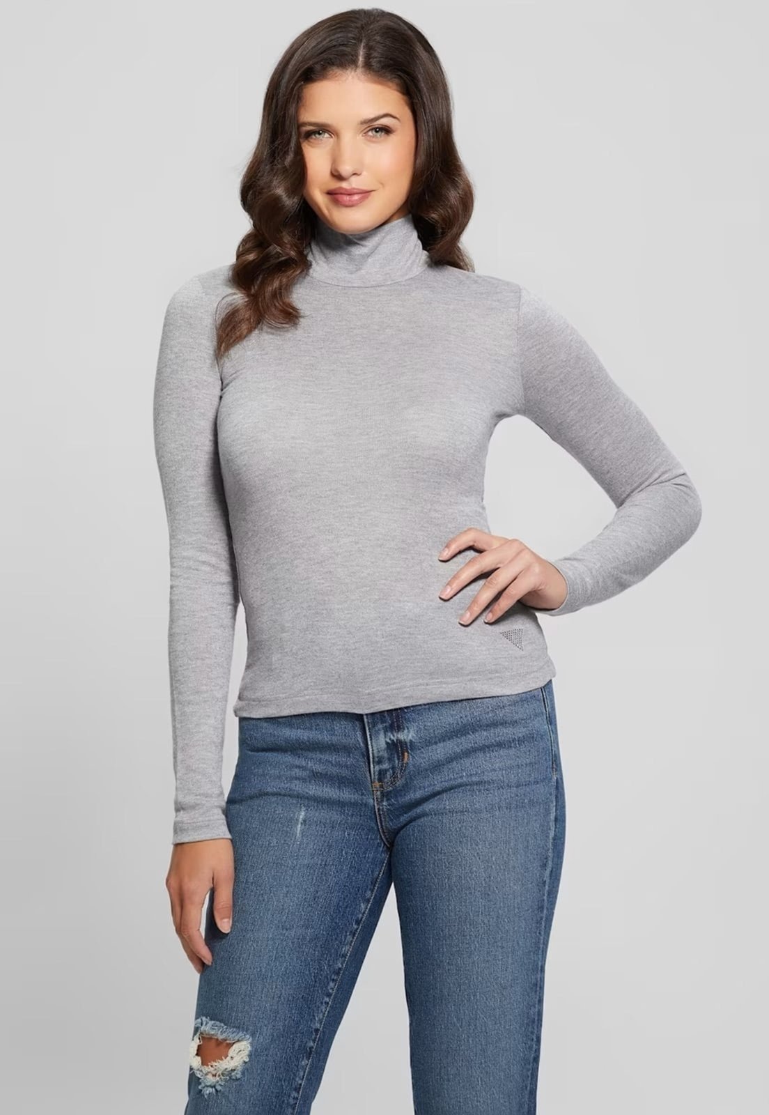 Blusa Guess de Malha Tricot Eco Gola Alta Cinza
