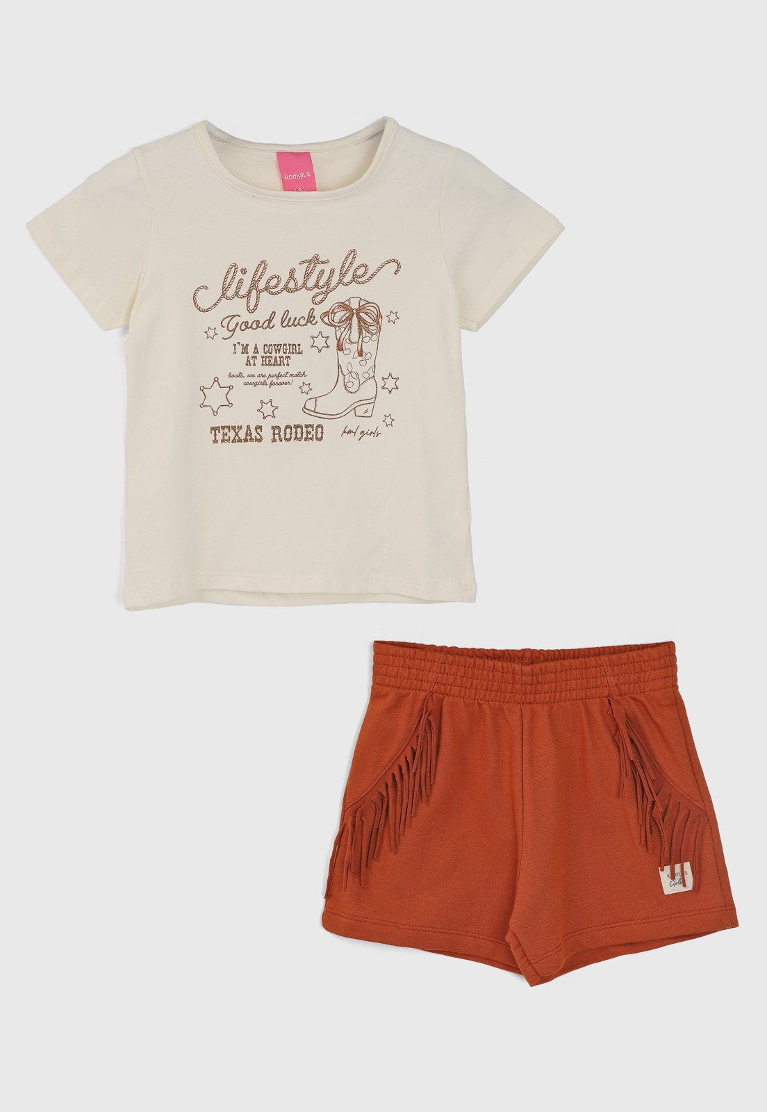 Vista 2 Infantil - Conjunto Curto Kamylus Country Blusa Off-White e Short Marrom off-white white Kamylus off-white white