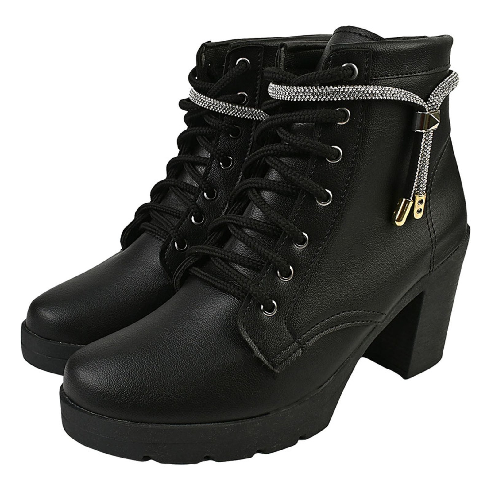 Coturno Feminino Bota Salto Alto Donatella Shoes Plataforma Preto Brilho Strass Cadarço Enfeite Removível Novo