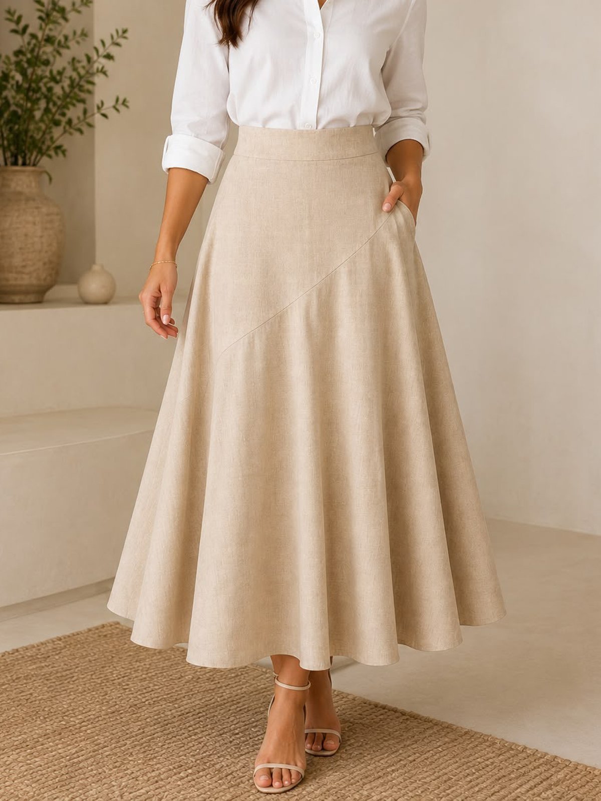 Saia Max Midi Godê Recorco Assimetrico Cintura Alta em Linho Misto Elegante Moda Modesta