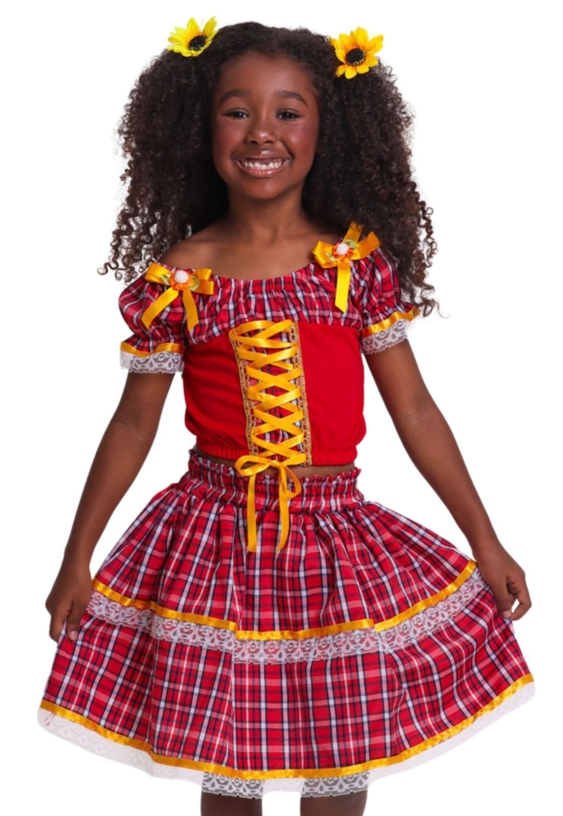 Vista 2 Infantil - Vestido Junino Caipira Estampado Muvilê 4 ao 4 vermelho Infanti vermelho