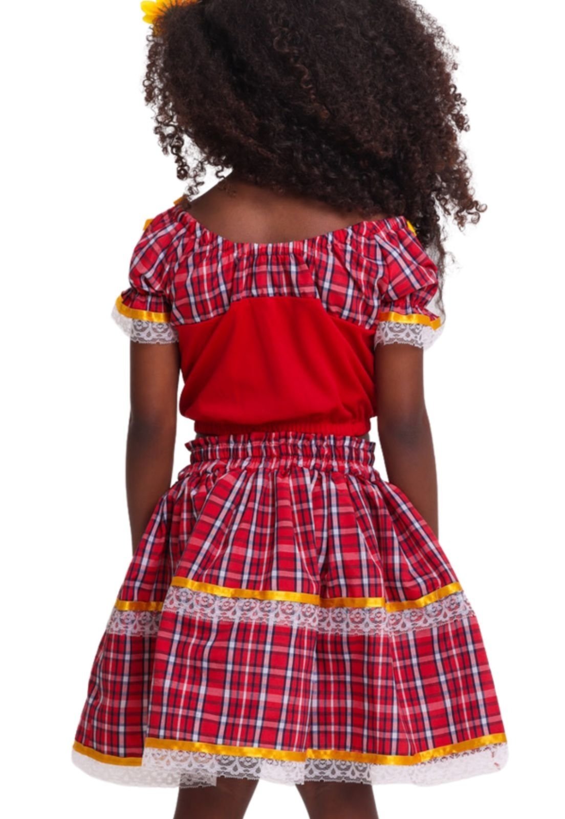 Vista 3 Infantil - Vestido Junino Caipira Estampado Muvilê 4 ao 4 vermelho Infanti vermelho