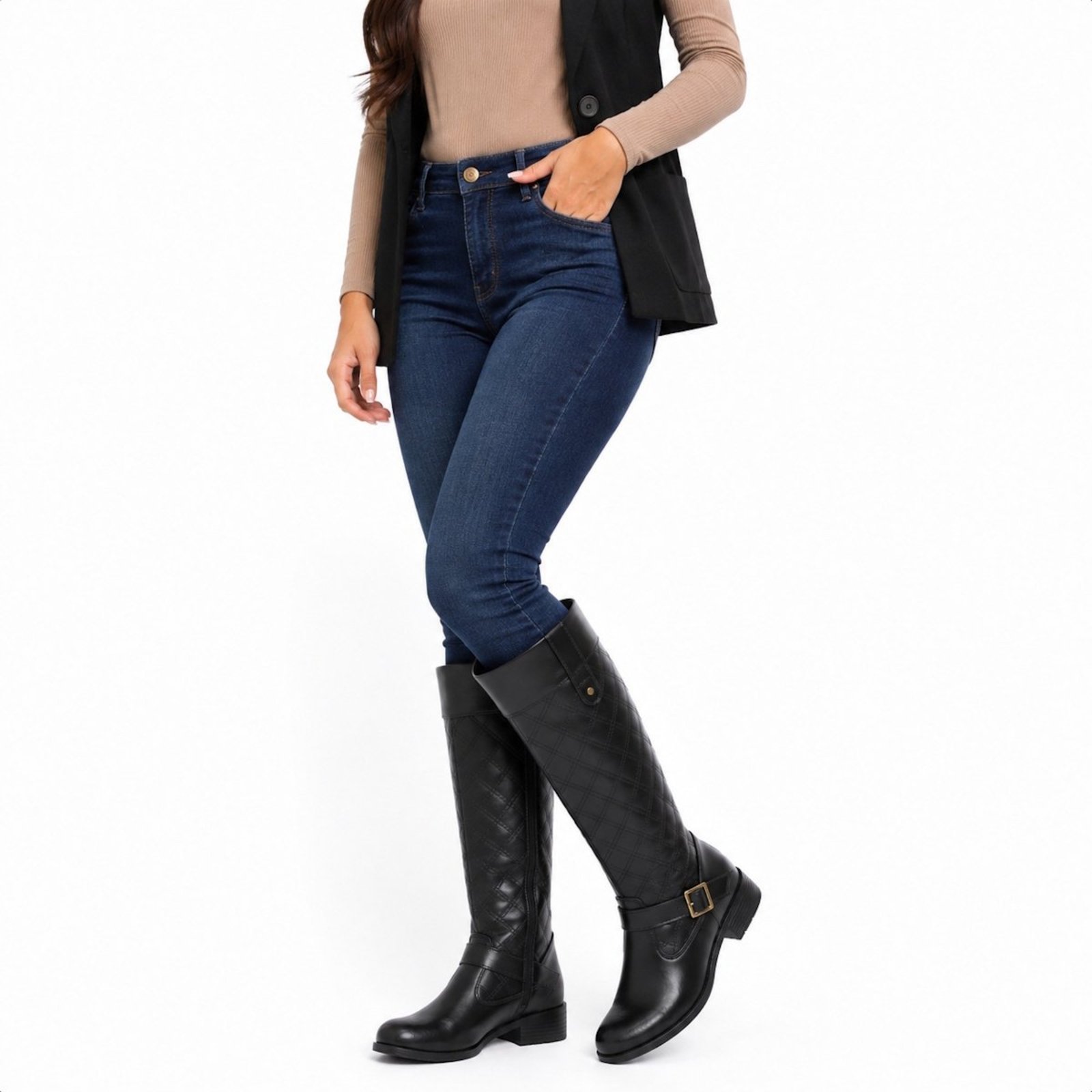 Bota Feminina Cano Longo Montaria Elegante para Inverno com Ziper Lateral Preta