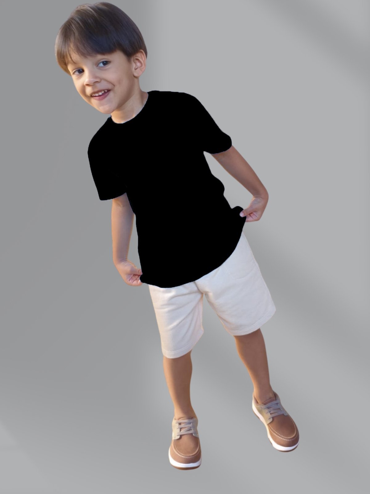 Infantil - Conjunto 2 peças Kit Camiseta Manga Curta Urbania Algodão Preta e Short Bermuda Bege