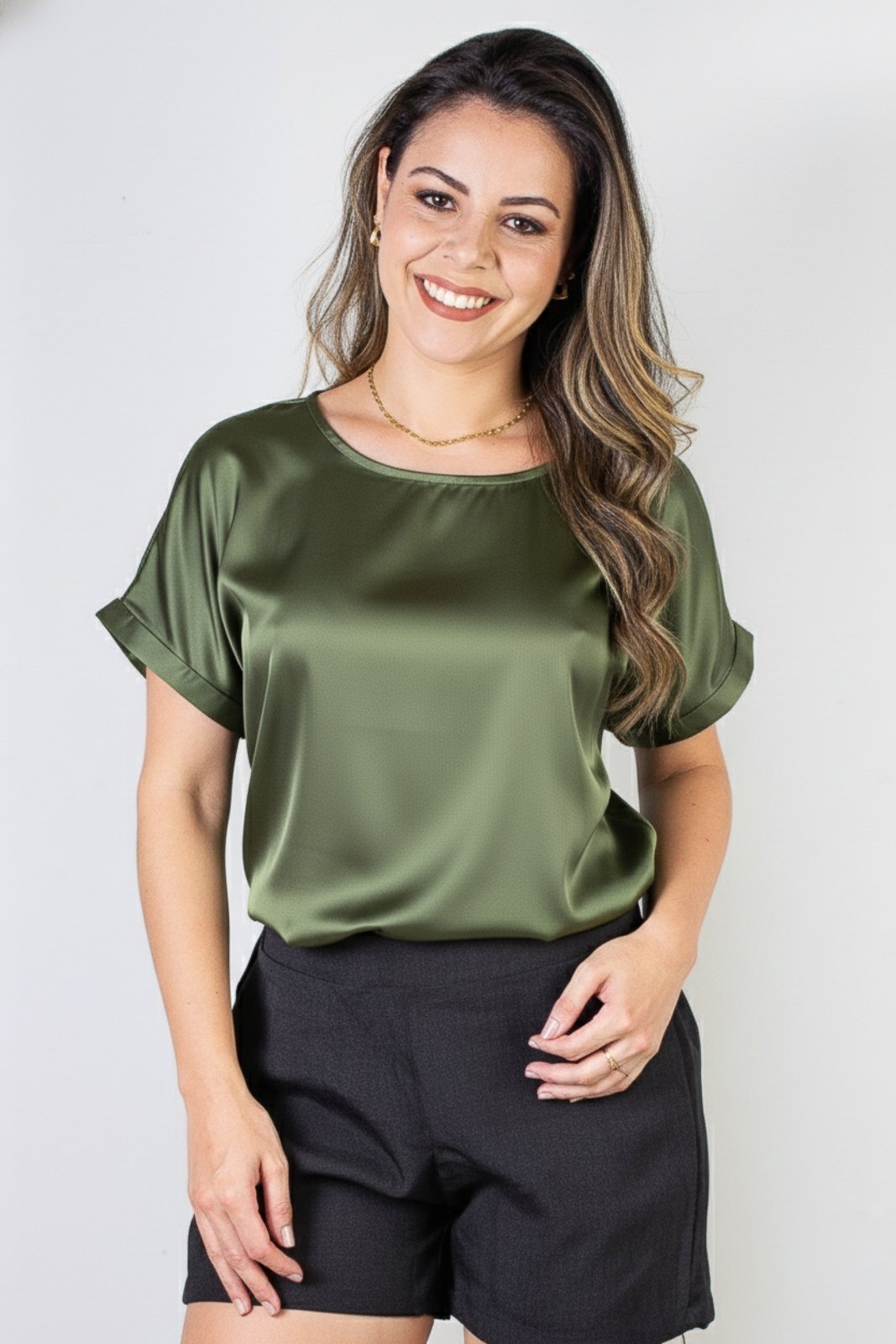 Blusa manga curta feminina cetim 71105 – Verde Militar