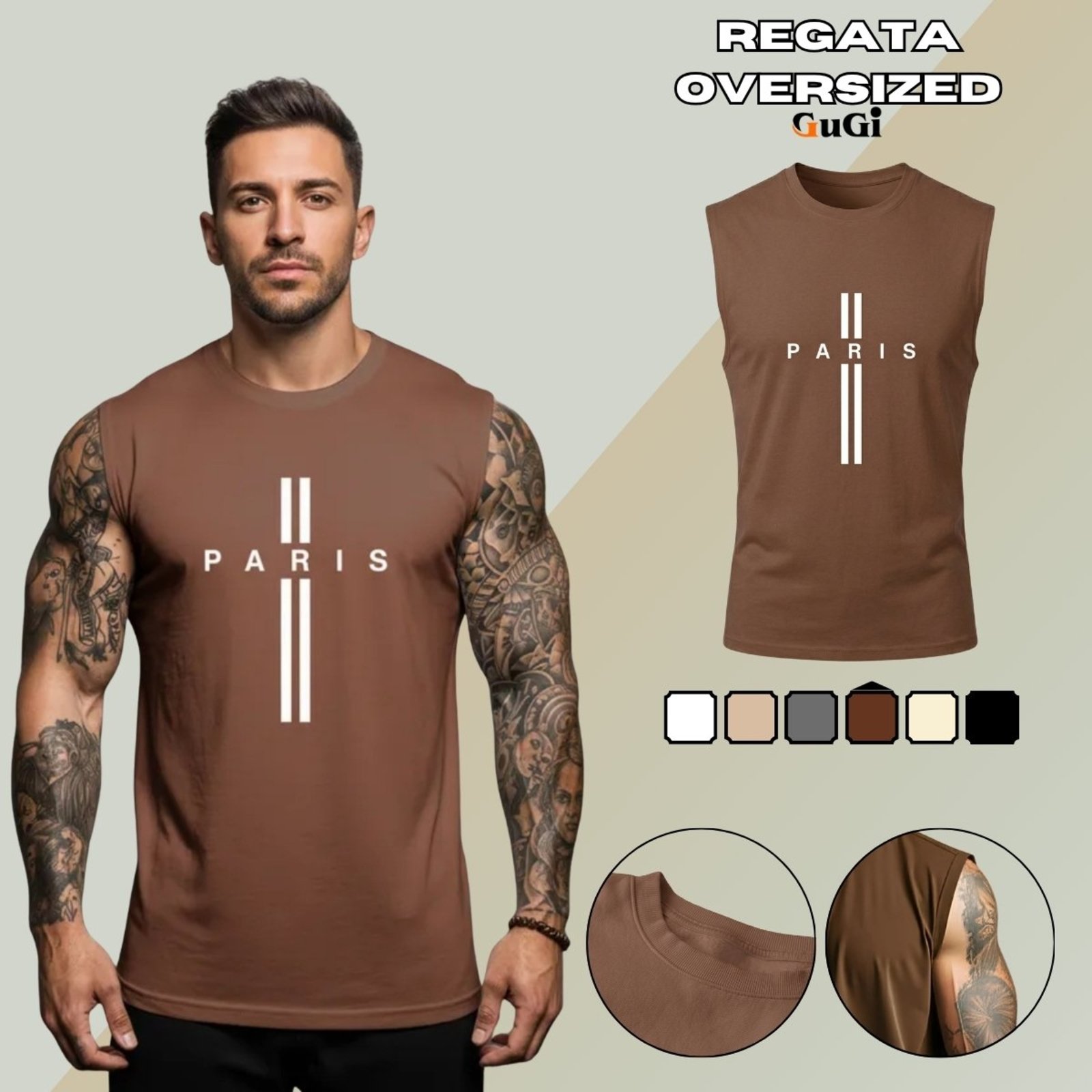 Camiseta Regata Masculina Oversized Estampada Cruz Paris França Marrom