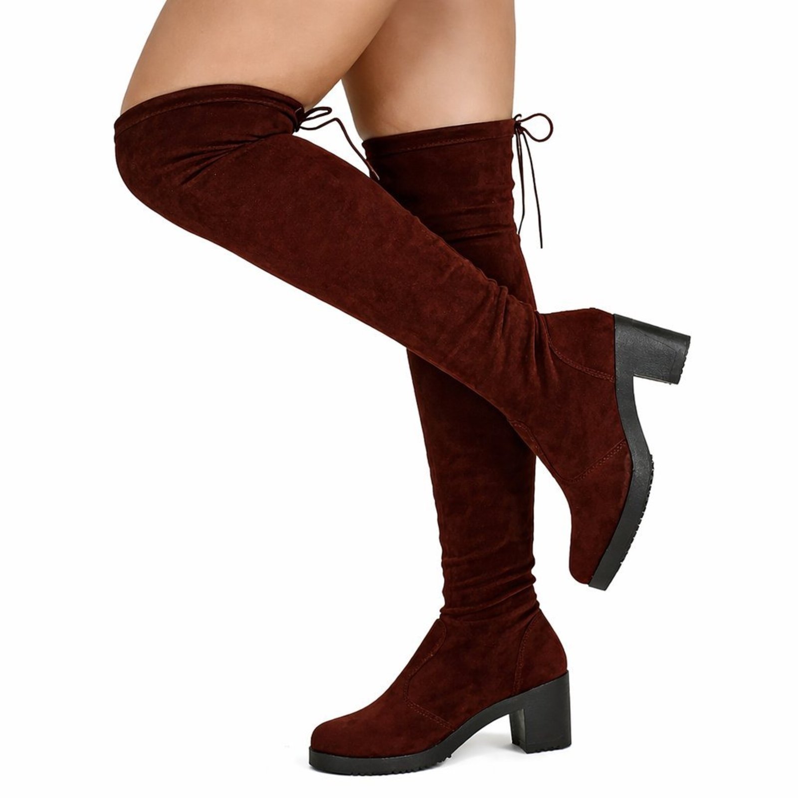 Bota Over The Knee Feminina Stretch Com Elástico Salto Saltinho Confortável Cano Longo Enrrugada Marrom