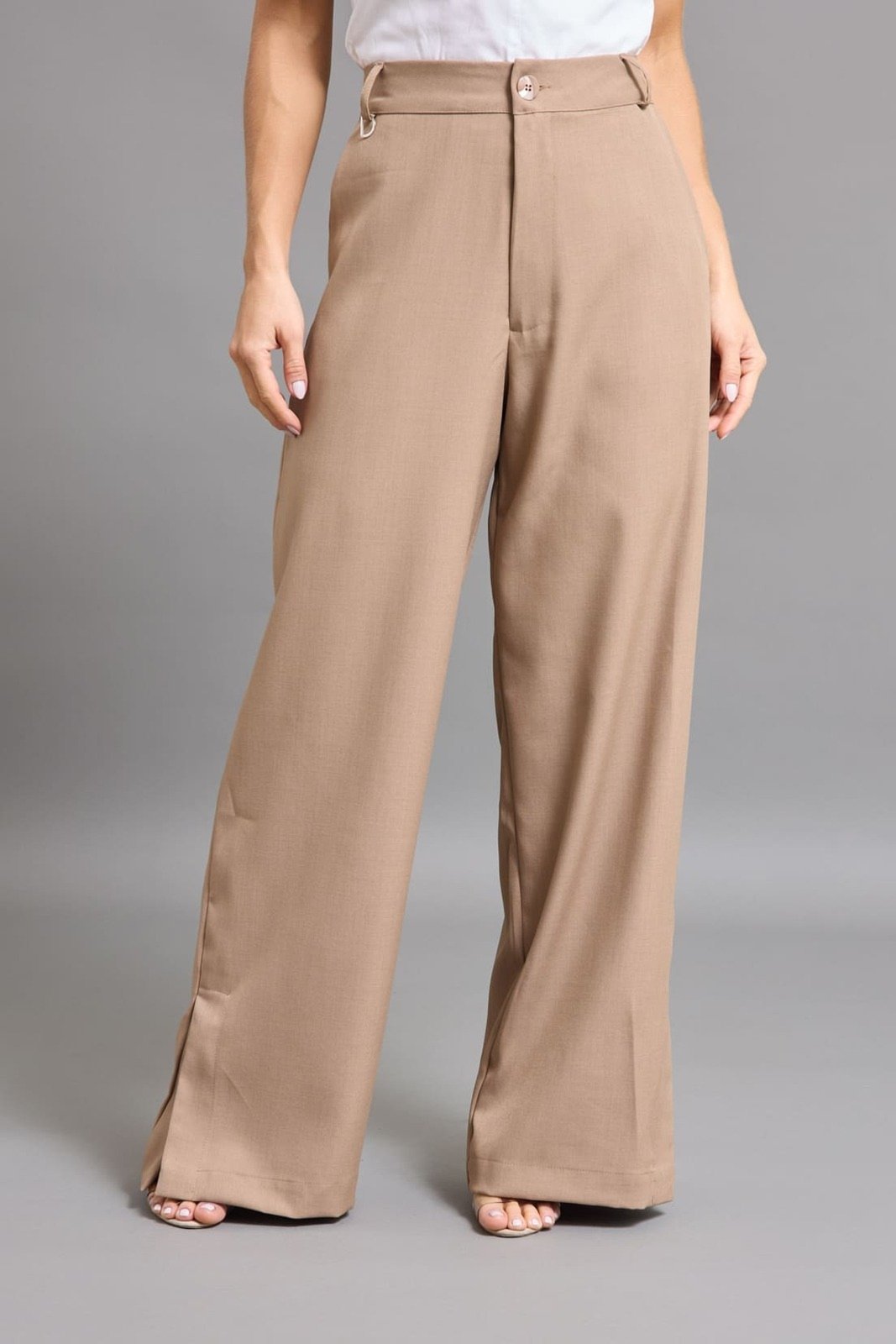 Calça Alfaiataria Feminina Pantalona Dialogo Jeans Caqui