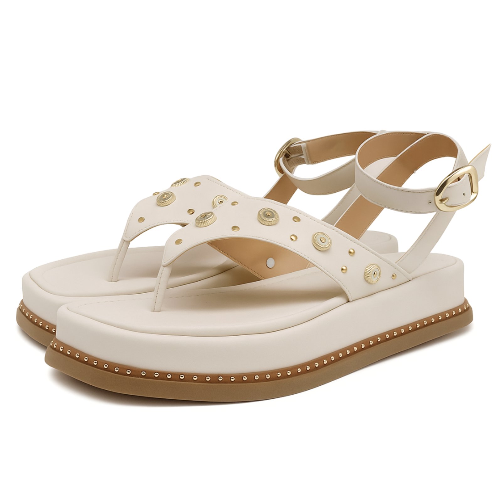 Papete Flatform Feminina Napa Off White com Aplicações Douradas Flor da Pele 23402 Hannah Footwear