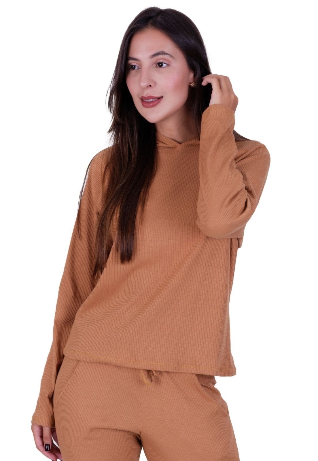Blusa de Inverno Manga Longa Terra e Mar Casaco Canelado Feminino Comfy Esther Bege