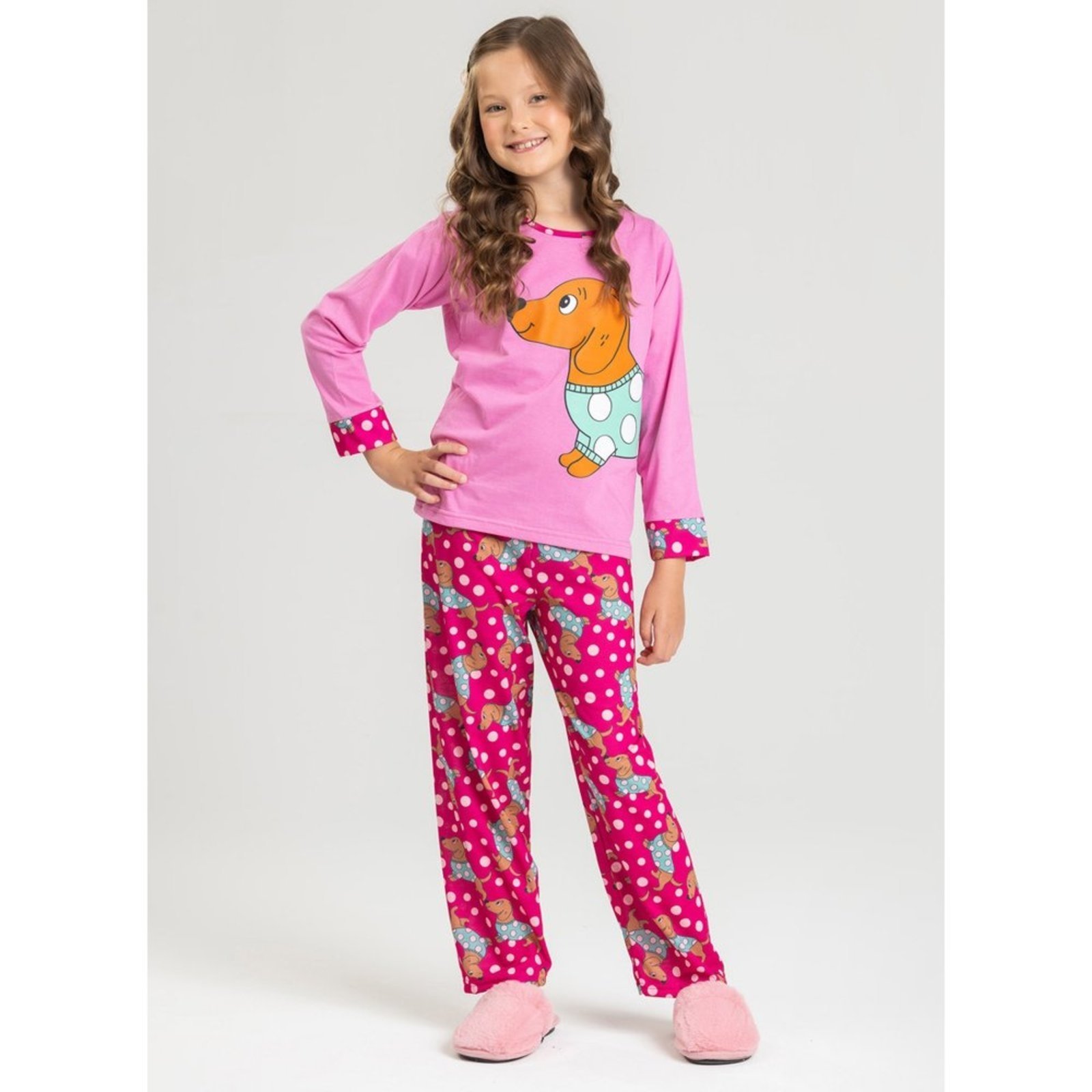 Pijama Longo Menina Rosa Cachorrinhos e Bolinhas