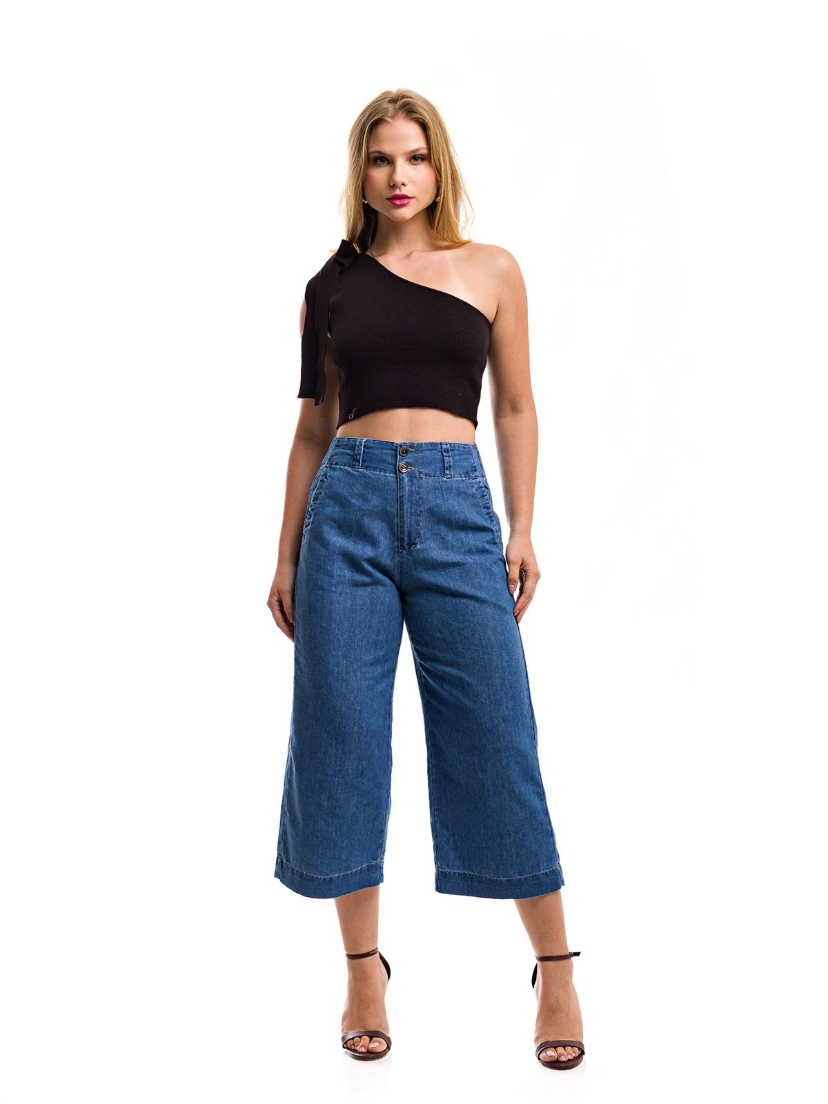 Bermuda Calça Pantacourt Restrito Jeans Premium Social – Azul Médio