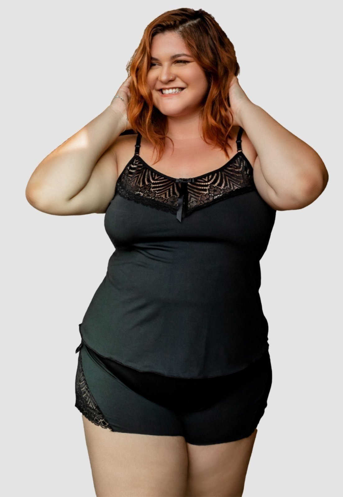 Baby Doll Plus Size Serra e Mar Modas Liganete Com Renda Feminino Preto