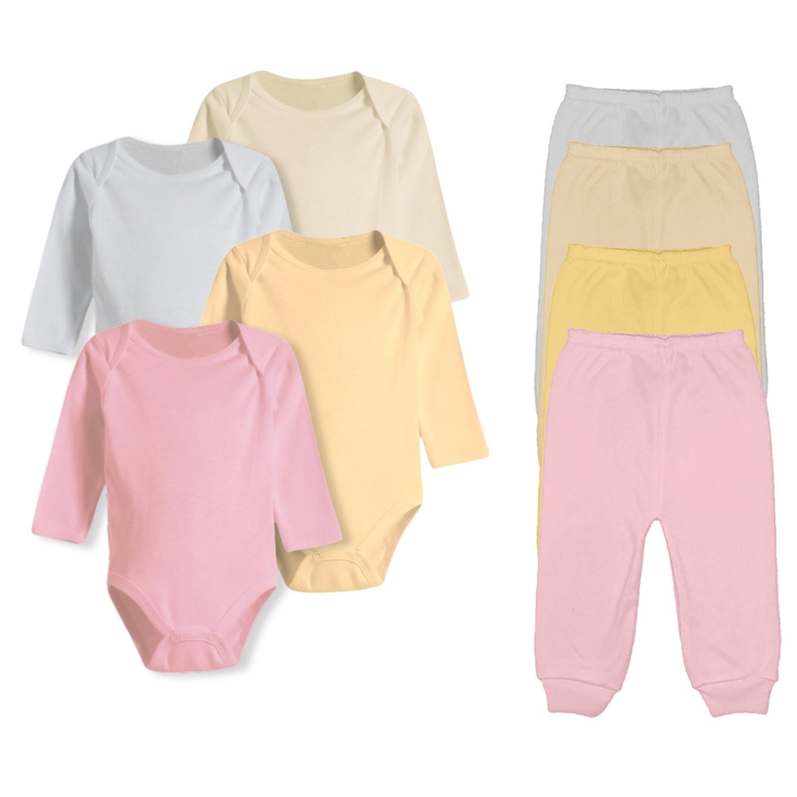 Infantil - Kit Roupa de 8 Peças Body Manga Longa Mijão Algodão Rosa
