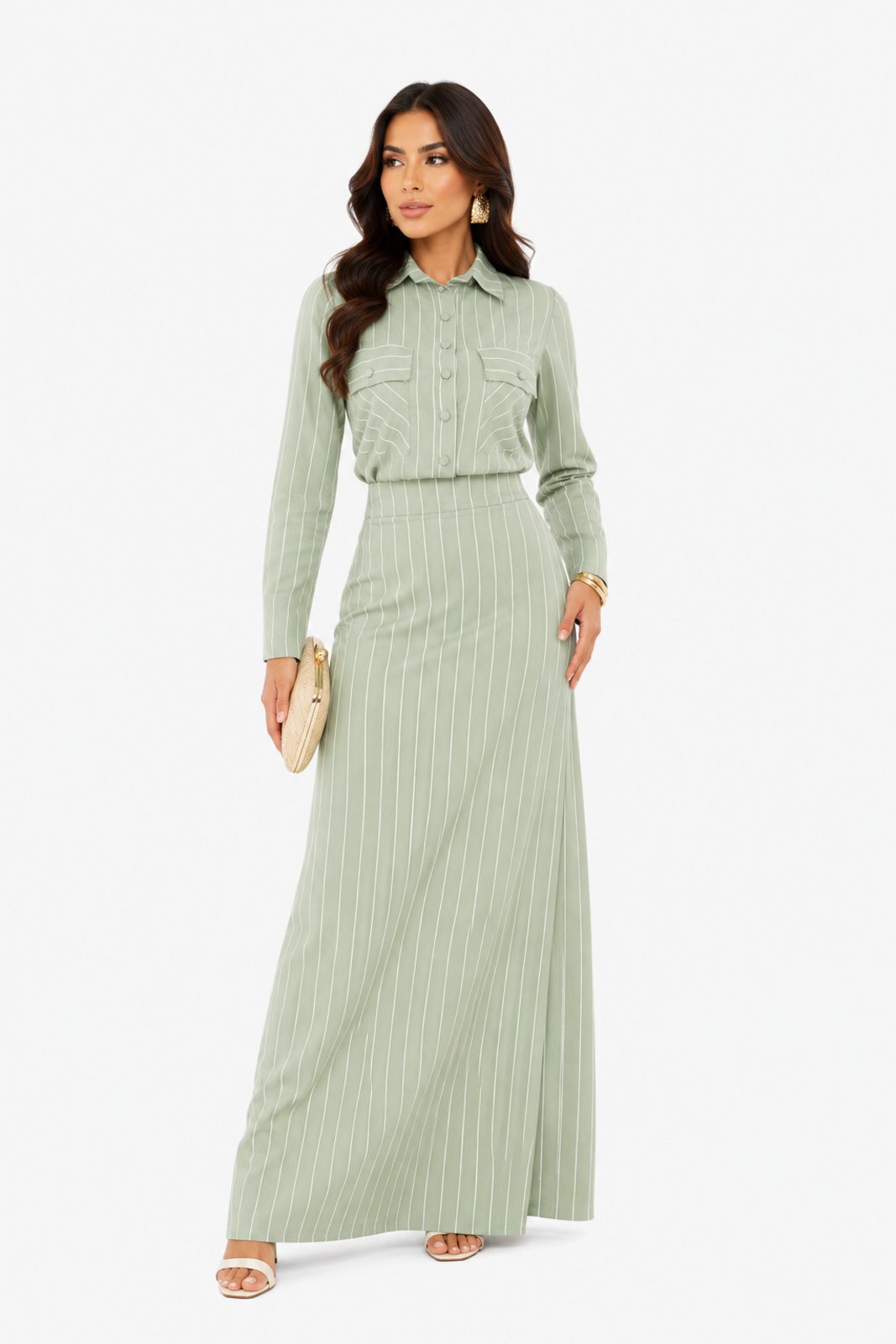 Conjunto Feminino D Bell Outlet Fashion Listrado Saia Longa e Camisa Social Verde Menta