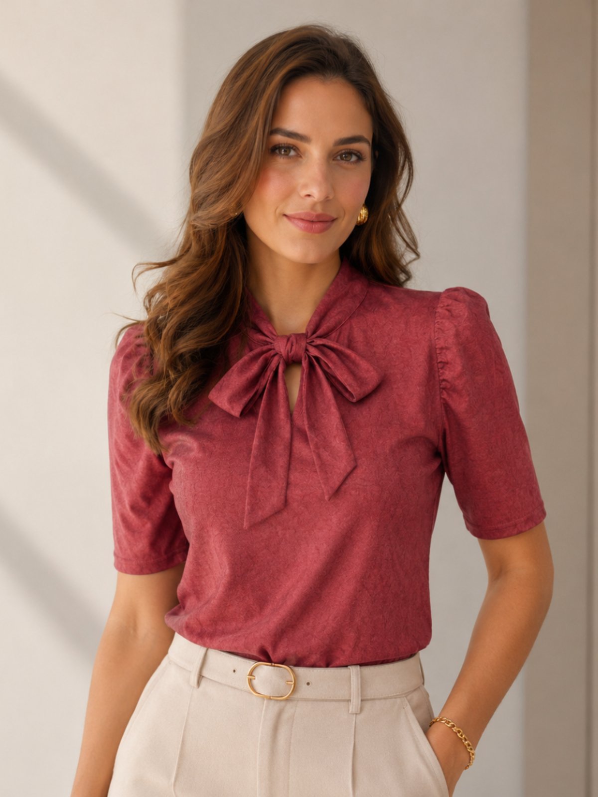 Blusa Social Feminina Manga Curta com Laço Elegante Manga Bufante Princesa Marsala