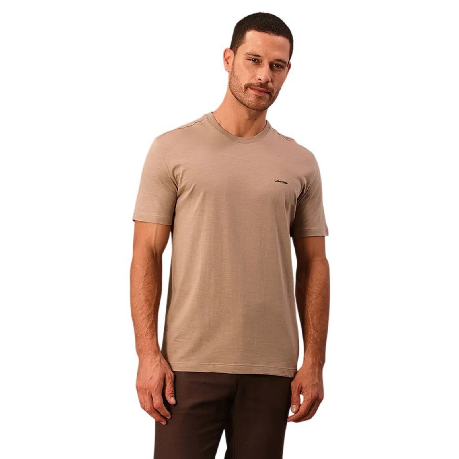 Camiseta Calvin Klein T Shirt Manga Curta Flame Caqui Masculina Calvin Klein Marrom