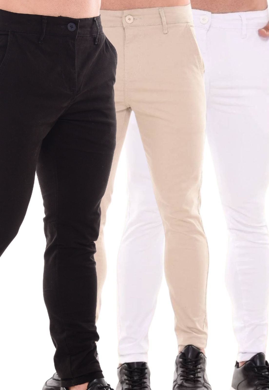 Kit 3 Calças Sarja Masculina Niha Jeans Confortável e Estilosa Branco Preto e Bege