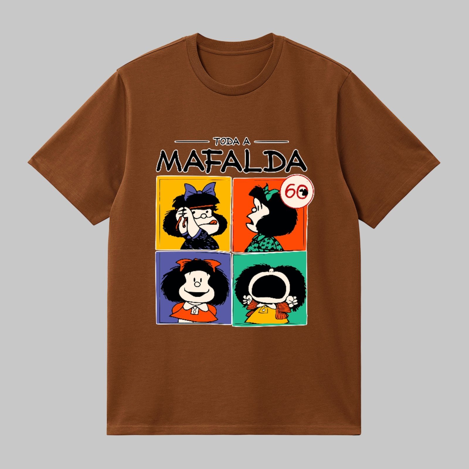 Camiseta Básica Personalidades Divertidas Mafalda Estampa Icônica Unissex Marrom