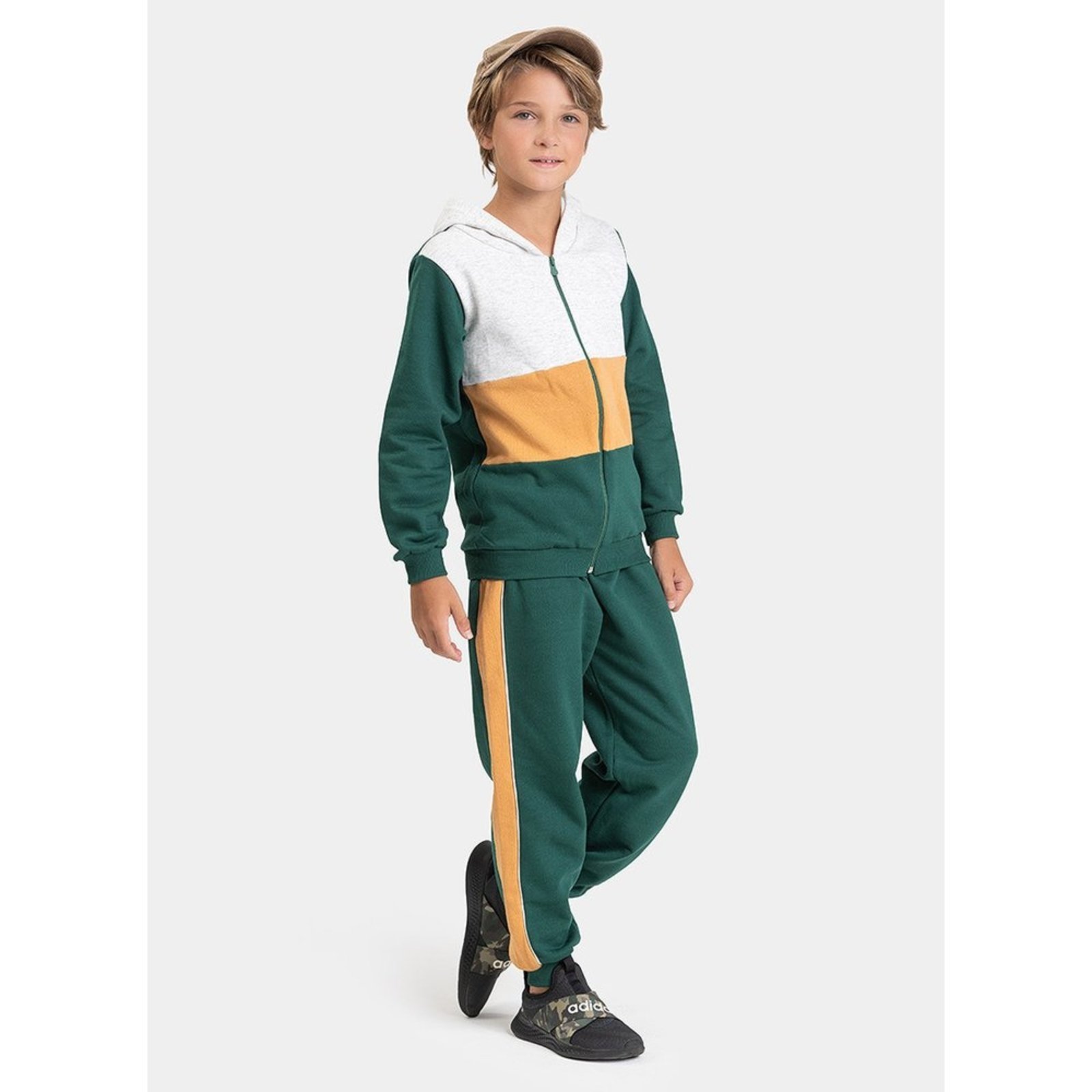 Infantil - Conjunto Inverno Menino Mescla Claro Jaqueta com Capuz e Calça em Moletom com Recortes