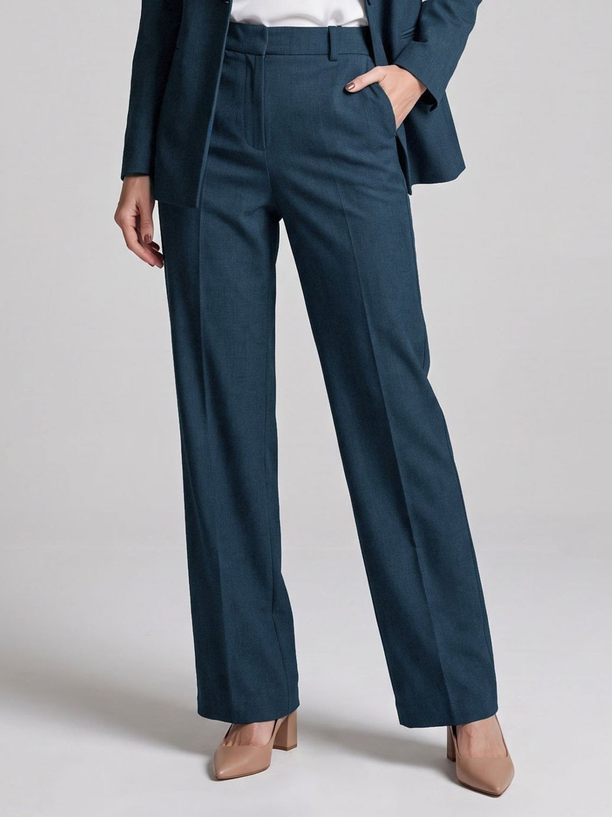 Calça Alfaiataria Feminina Reta Azul Marinho Com Vinco
