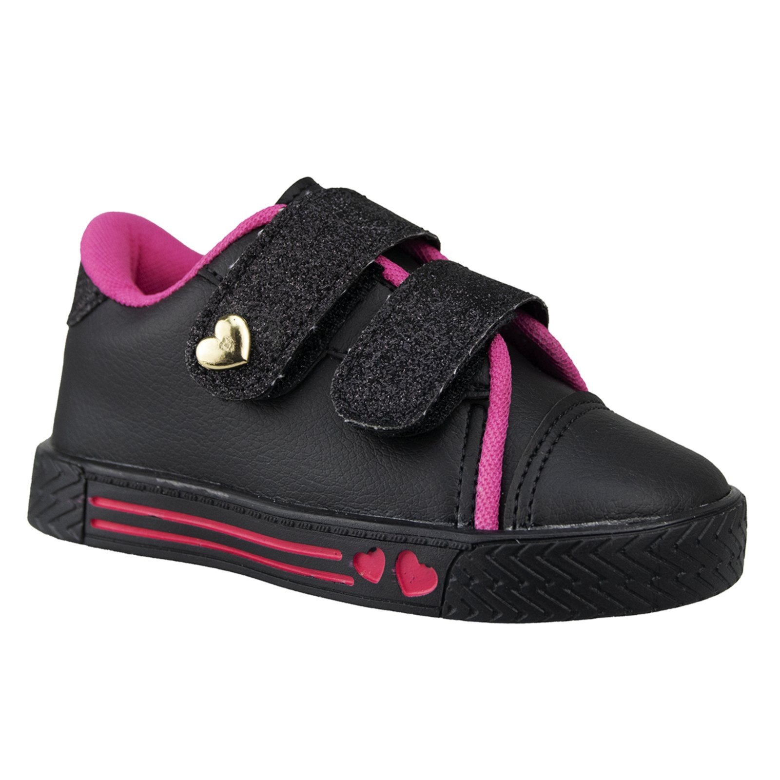Infantil – Tênis Menina Kith Casual Preto/Pink Detalhe Dourado Coração Delicada Volta as Aulas Confortável