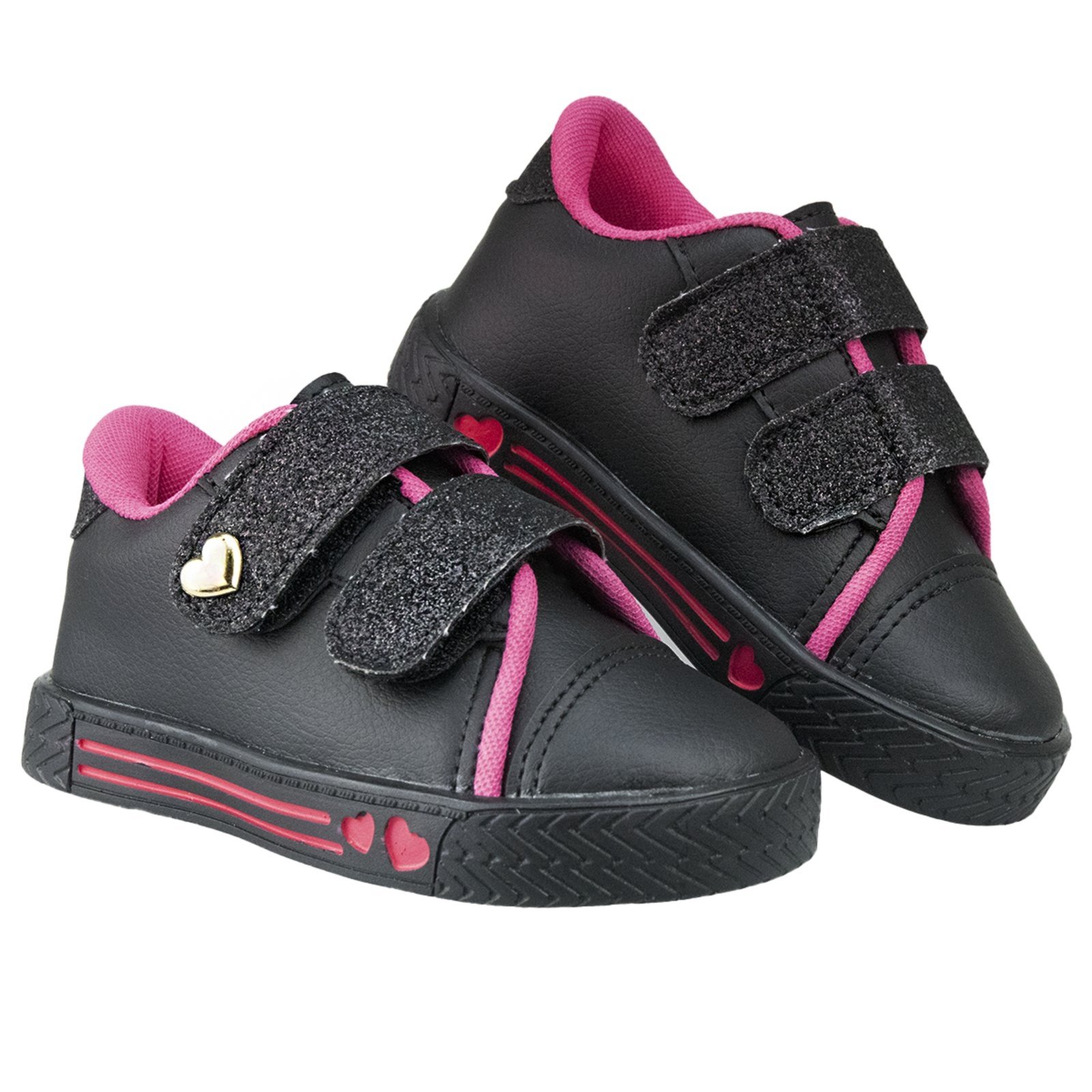 Vista 3 Infantil - Tênis Menina Kith Casual Preto/Pink Detalhe Dourado Coração Delicada Volta as Aulas Confortável Kiath preto pink Kiath preto pink