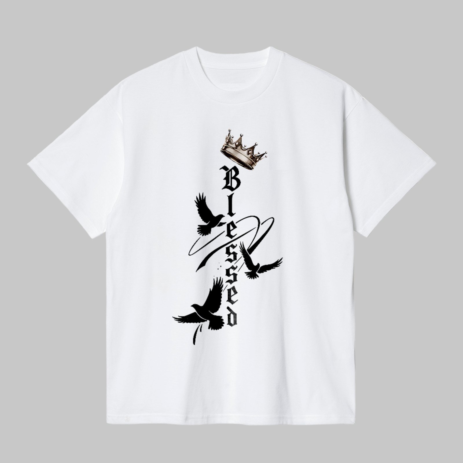 Camiseta Básica Blessed Coroa Pombas Fé Cristã Style Branco