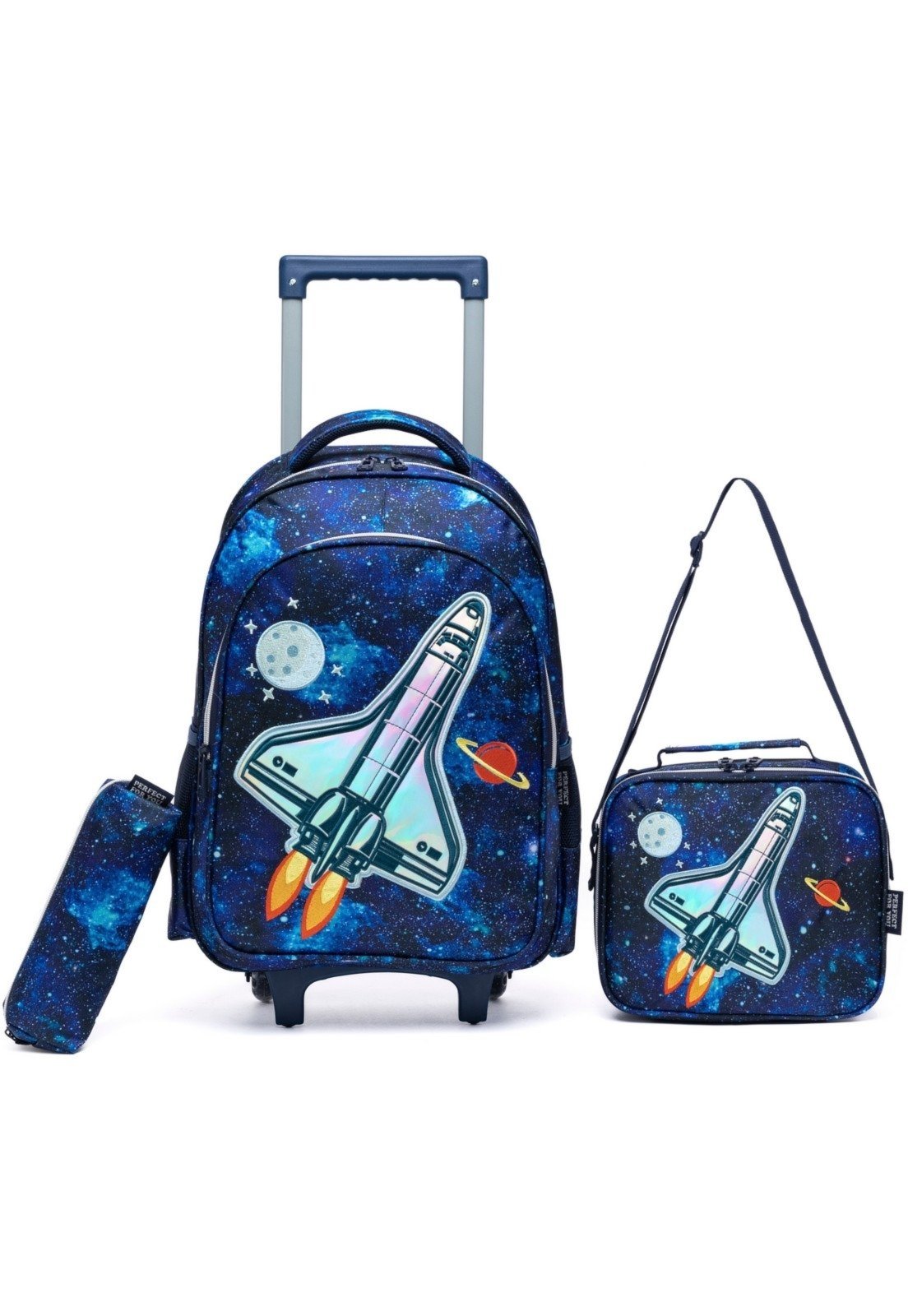 Infantil - Kit Mochila Lancheira Estojo Masculina Escolar Rodinhas Resistente Foguete