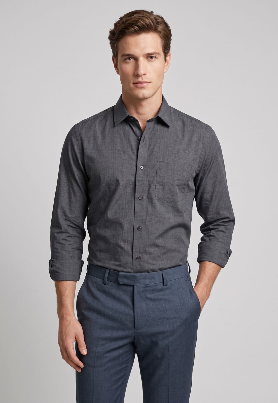 Camisa Masculina Aleatory Manga Longa Bolso Cinza