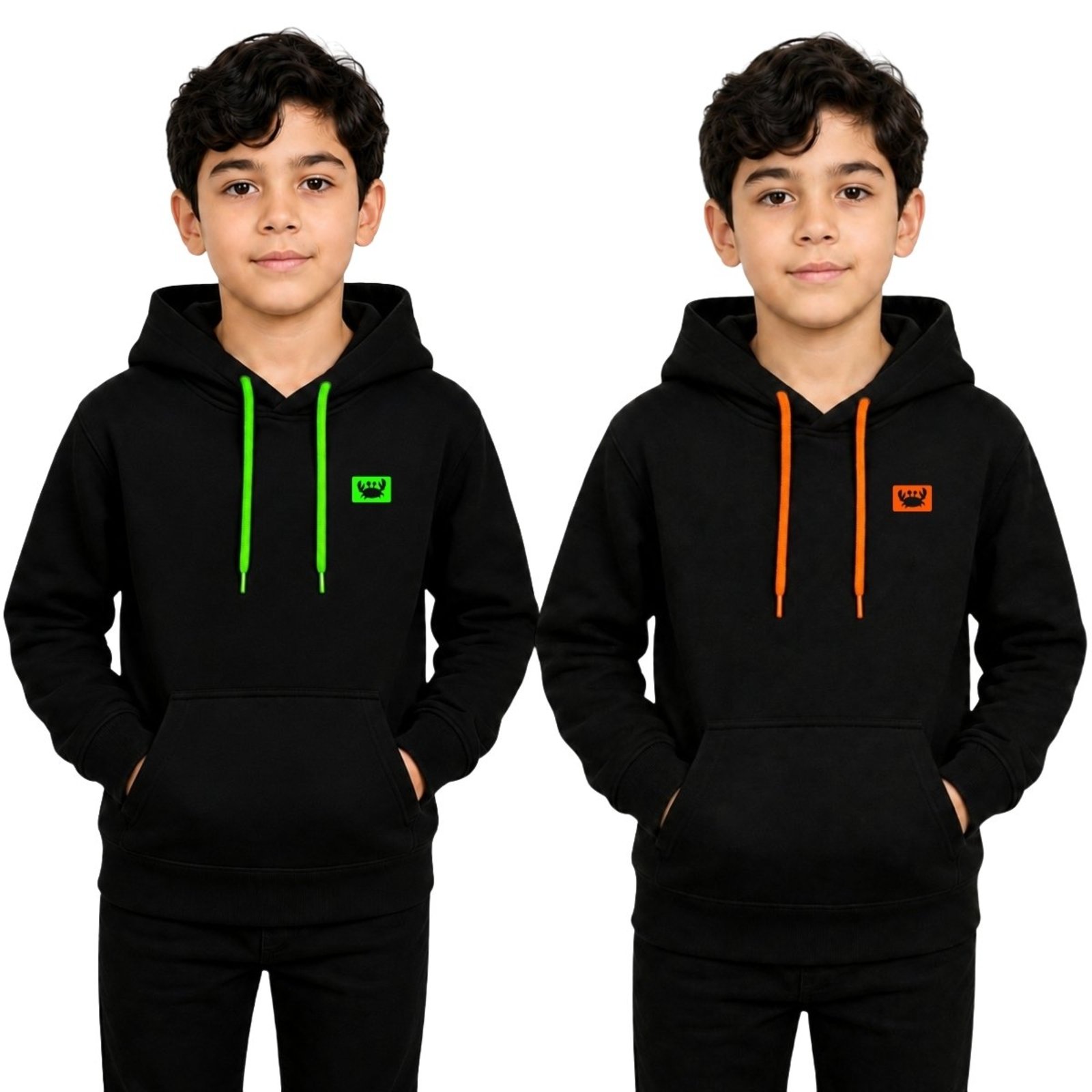 Infantil - Kit 2 Blusas de Moletom Siri Verde e Laranja Relaxado Canguru Com Capuz Macio Quente
